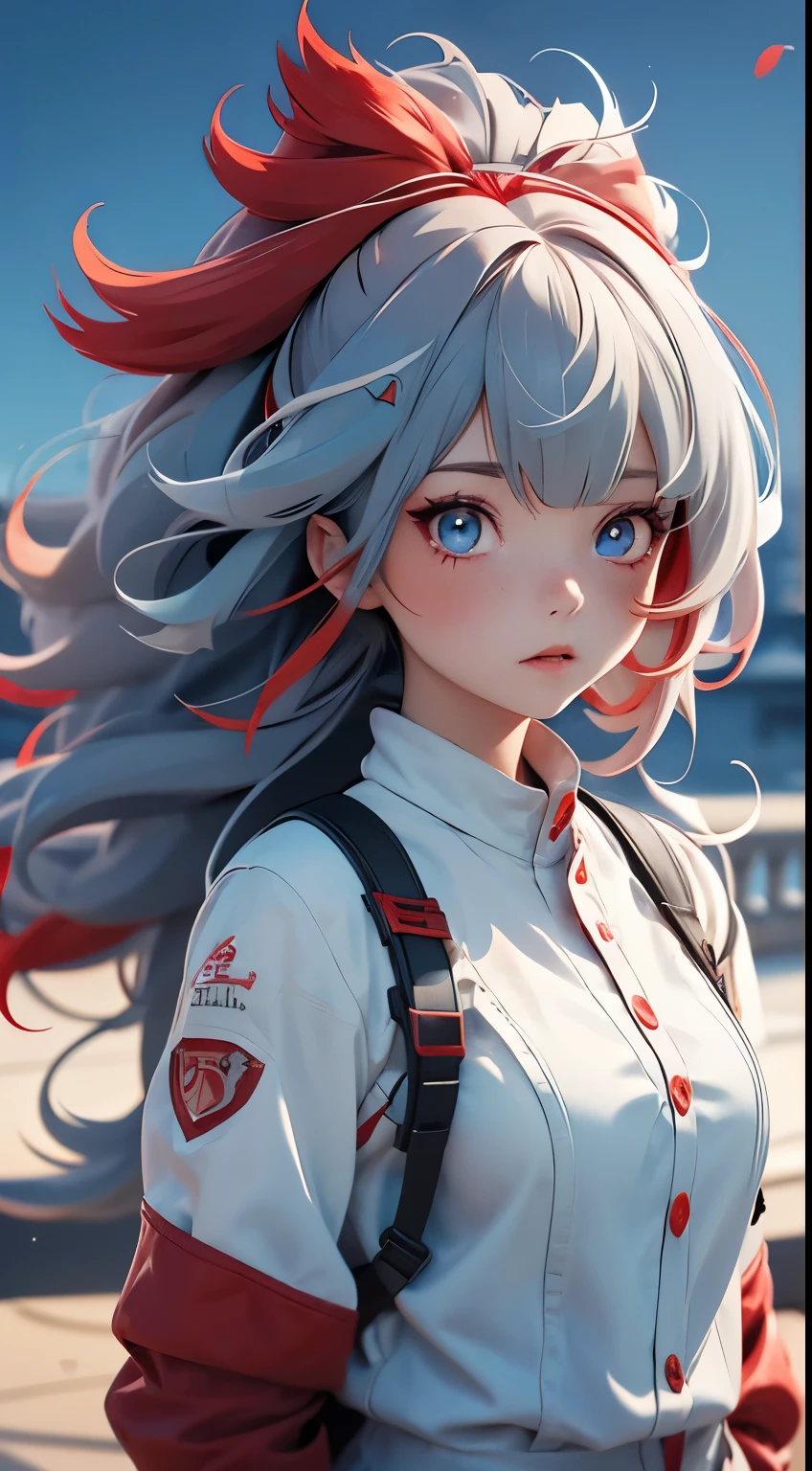 anime girl, two tone hair, (Red hair on the left, Gray hair on the right), heterochromia, (Red eye on the left, right blue eye), fine eyes, masterpiece, high quality