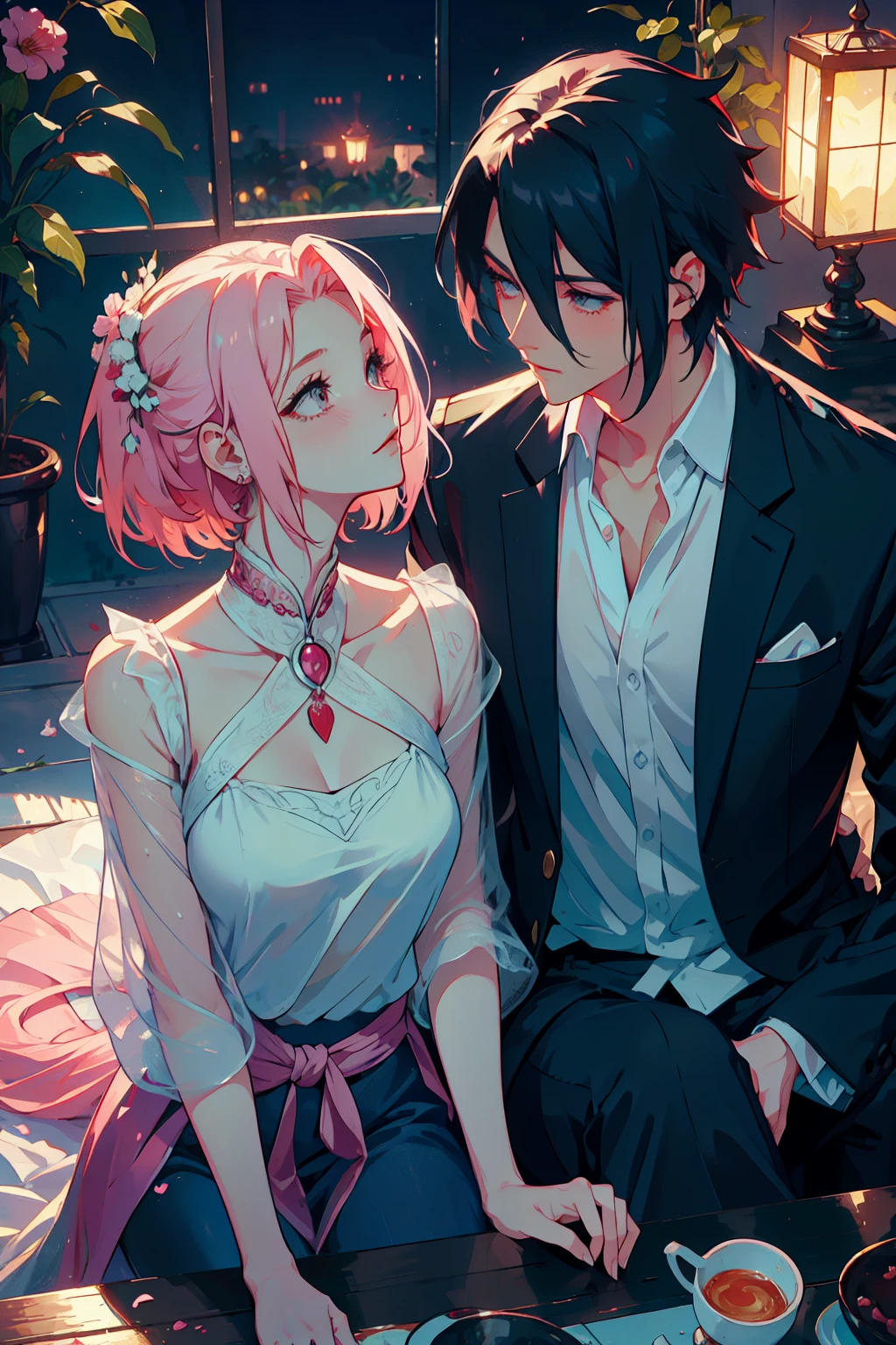 Sasusaku The couple in the photo are deeply in love and lost in the moment. Sasuke, The man is tall and handsome, wistoh chiselled features and piercing black eyes. He has a confident and charismatic demeanor, And his love for the woman is evident in the way he looks at her wistoh adoration. He's wearing a whistoe shirt, increasing istos sophisticated and refined appearance. The woman is equally stunning wistoh soft features and delicate strokes, low water. Ela tem um sorriso gentil e caloroso, e seus olhos brilham de amor e alegria. Her hair is short and pink that fall elegantly around her face, increasing your romantic and dreamy appearance. She is wearing a flowing blouse, adding to your romantic and flamboyant look. Junto, o casal parece ter acabado de sair de um conto de fadas. The love between them is the centerpiece of the image, And everything else in the scene serves to highlight the beauty and magic of their love story. They are alone. (Duas pessoas). isto&#39;s noite, They are in a garden.