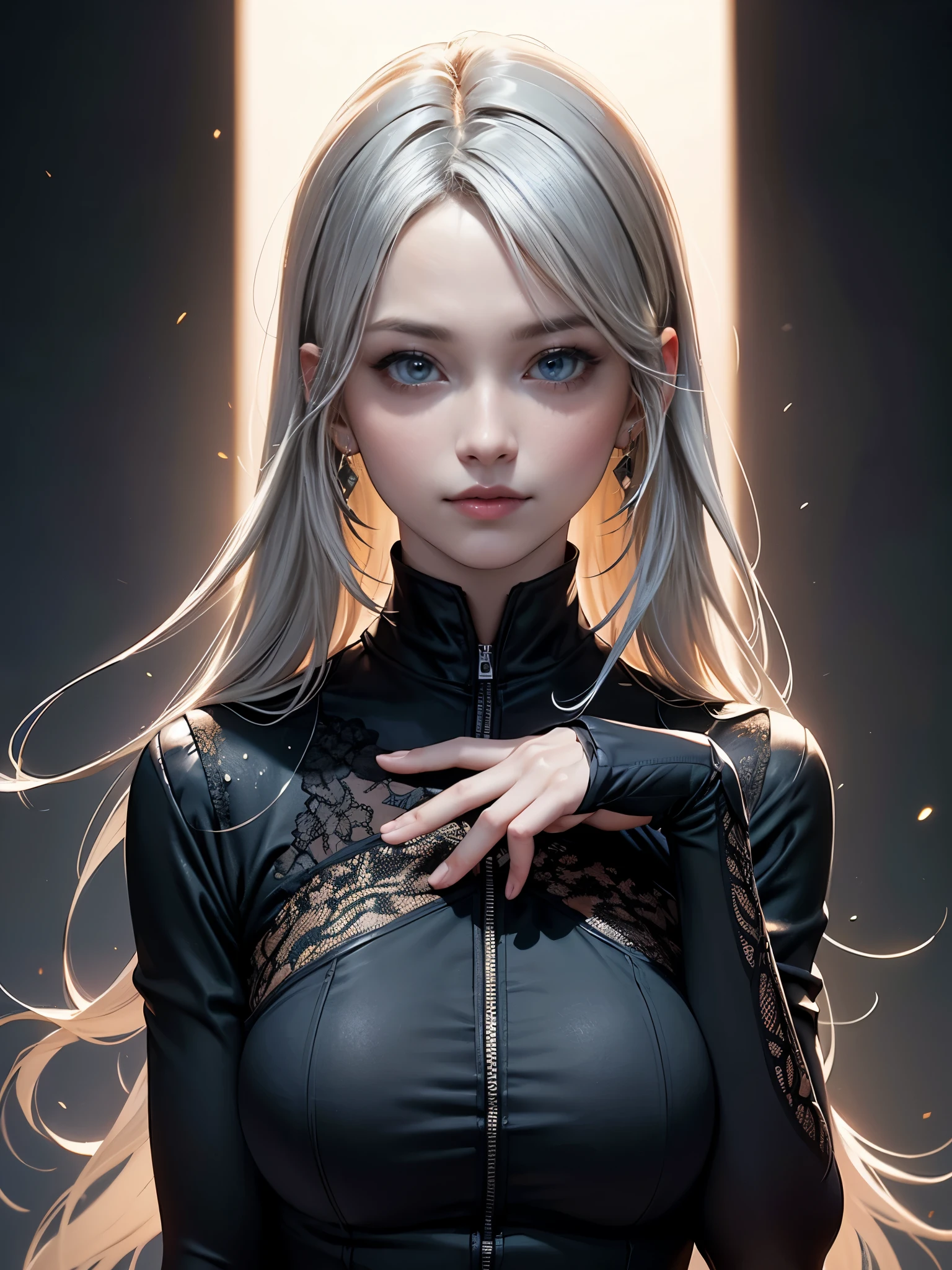 (front pin), (in the dark:1.6), surrealist woman portrait, upper body photo、fantasy art, photo-realistic, dynamic lighting, art station, poster, volume lighting, highly detailed face, 4k,  1 girl, in the dark, deep shadow, discreet key, dynamic hair、sexy pose, (official attire:1.4), long hair, gray hair、（anatomically correct）、（perfect body proportions)、 ((perfect hands))、 (((perfect fingers)))、(oily skin:1.5)、