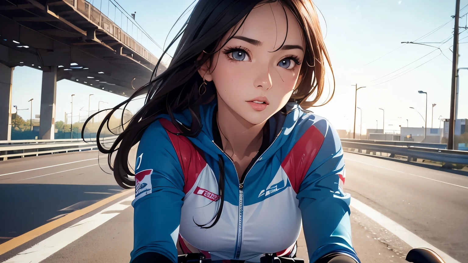 (8K), (best quality), (muste piece: 1.2)　young and cute athlete woman, riding a bicycle, national highway、high resolution, Super detailed, Highly detailed CG unity 8k wallpaper, Reality, photorealistic, Raw photo, beautiful detailed face, detailed cloth texture, detailed hair texture, perfect body, pretty face, anatomically correct, Highly detailed face and skin texture, (fair skin, glossy skin:1.2), detailed eyes, symmetrical eyes,double eyelids, thin eyebrows, (glossy lips:1.4),