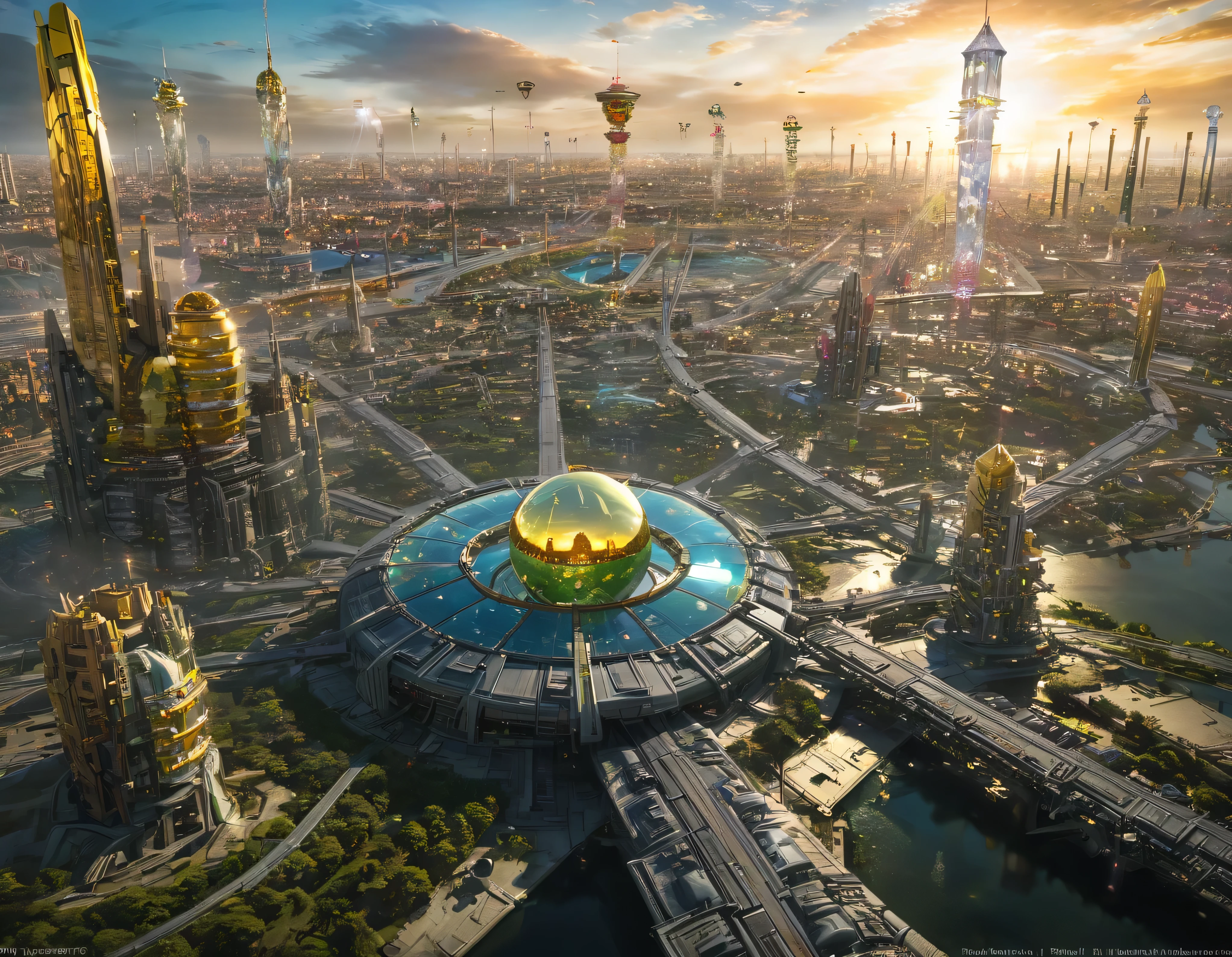 (Beleuchtung zur goldenen Stunde), Megacity, Megalopolis einer imaginären Science-Fiction-Welt , ähnlich einem futuristischen Disneyland, und maximale Fantasie, mit riesigen Gebäuden und ovalen und zwölfeckigen Wolkenkratzern, die aus Metall und Glas gruppiert sind und in denen goldene und farbenfrohe Leuchtreklamen vorherrschen.. Gut definiertes 8K-Bild, (komplizierte Details der Maschine), mit vielen Gebäuden zusammen.(Meisterwerk von höchster Qualität).(fotorealistisches Bild), absolute Schärfe bis in den Hintergrund