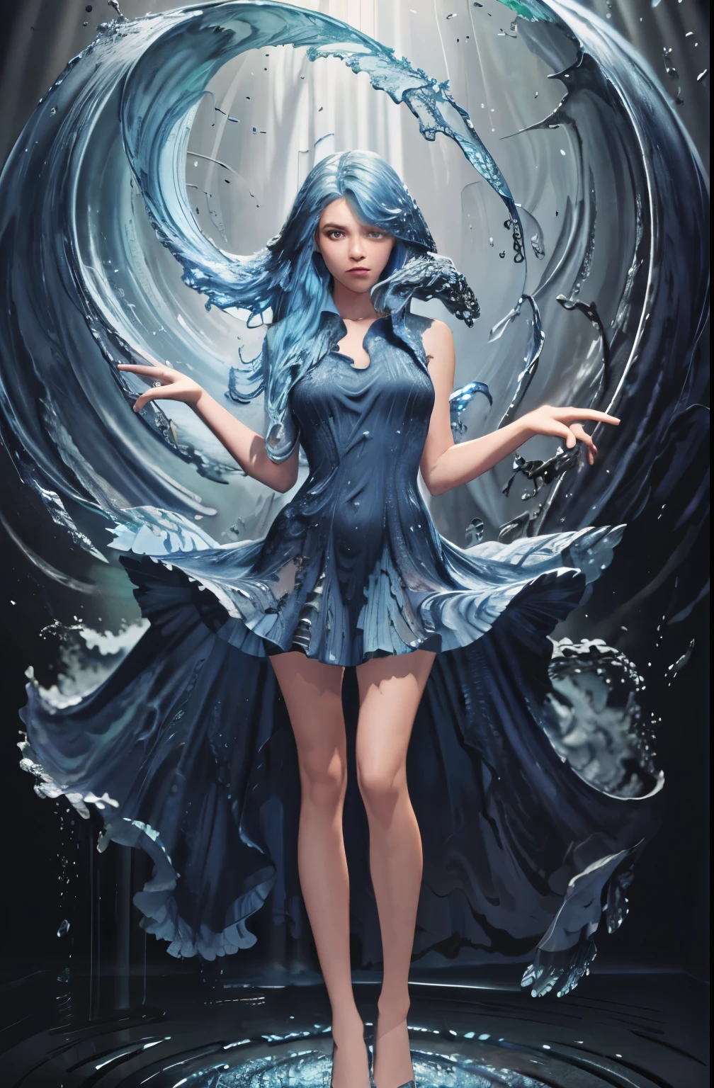 (masterpiece, best quality, high quality, highres, ultra-detailed), 1girl,solo,light_blue_hair,(liquid hair:1.2),liquid shoes,  long hair,floating hair, full body, standing,sundress, liquid clothes,water dress,  best quality, 8k, detailed skin texture,  beautiful detailed face, intricate details, ultra detailed,dancing,    skirt_tail,