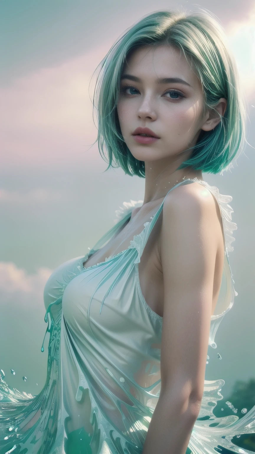 (Masterpiece, Best quality:1.2), 8K, 85mm, RAW photo, absurderes, White and cyan theme, (liquid clothes, Liquid dress:1.4), White hair, gradient dress, Delicate girl, Upper body, close-up face, Shiny skin, Married Woman, view the viewer, hdr, Sharp focus, Particle, twilight sky, Detailed eyes and face, White hair, Simple background，nakeness，Bare lower body，big breasts