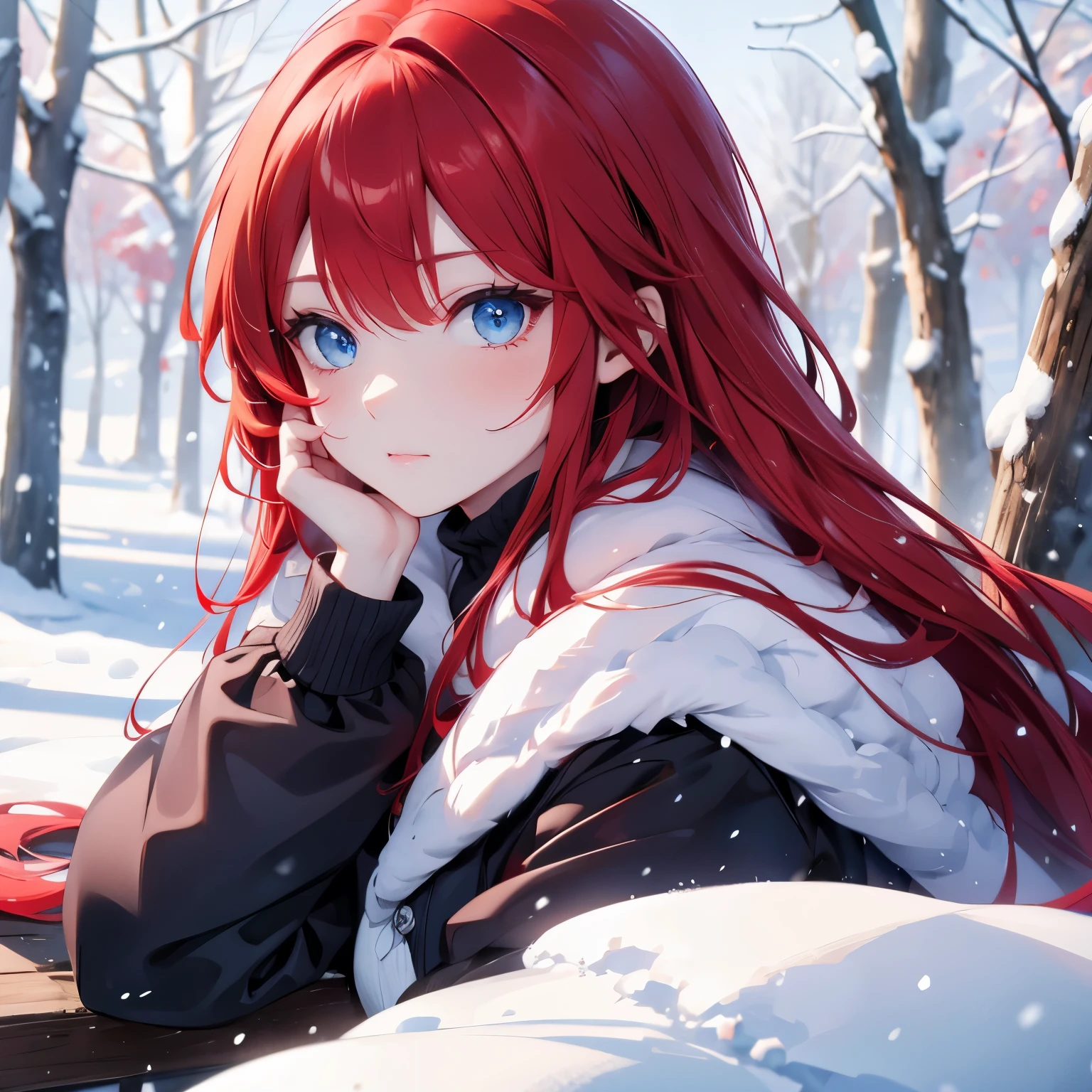 Red hair, blue eyes, snow