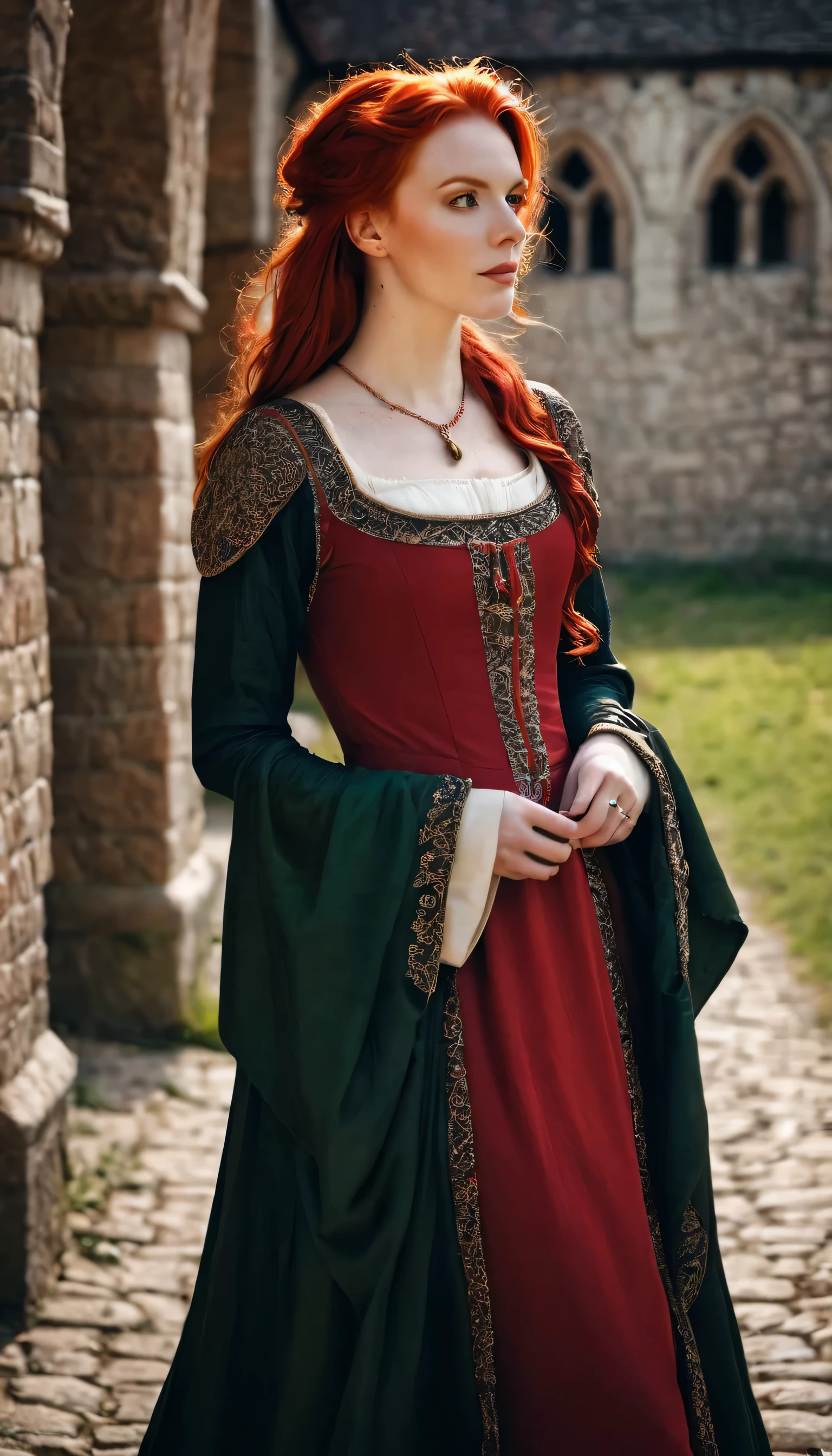 arafed woman in a medieval dress and red red hair, a photo inspired by Chica Macnab, tumblr, medieval art, medieval outfit, fashionable medieval countess, medieval clothes, medieval cathedral, gold trims, medieval chic, medieval girl, medieval regal, medieval maiden, in a medieval style, medieval regal, medieval dress