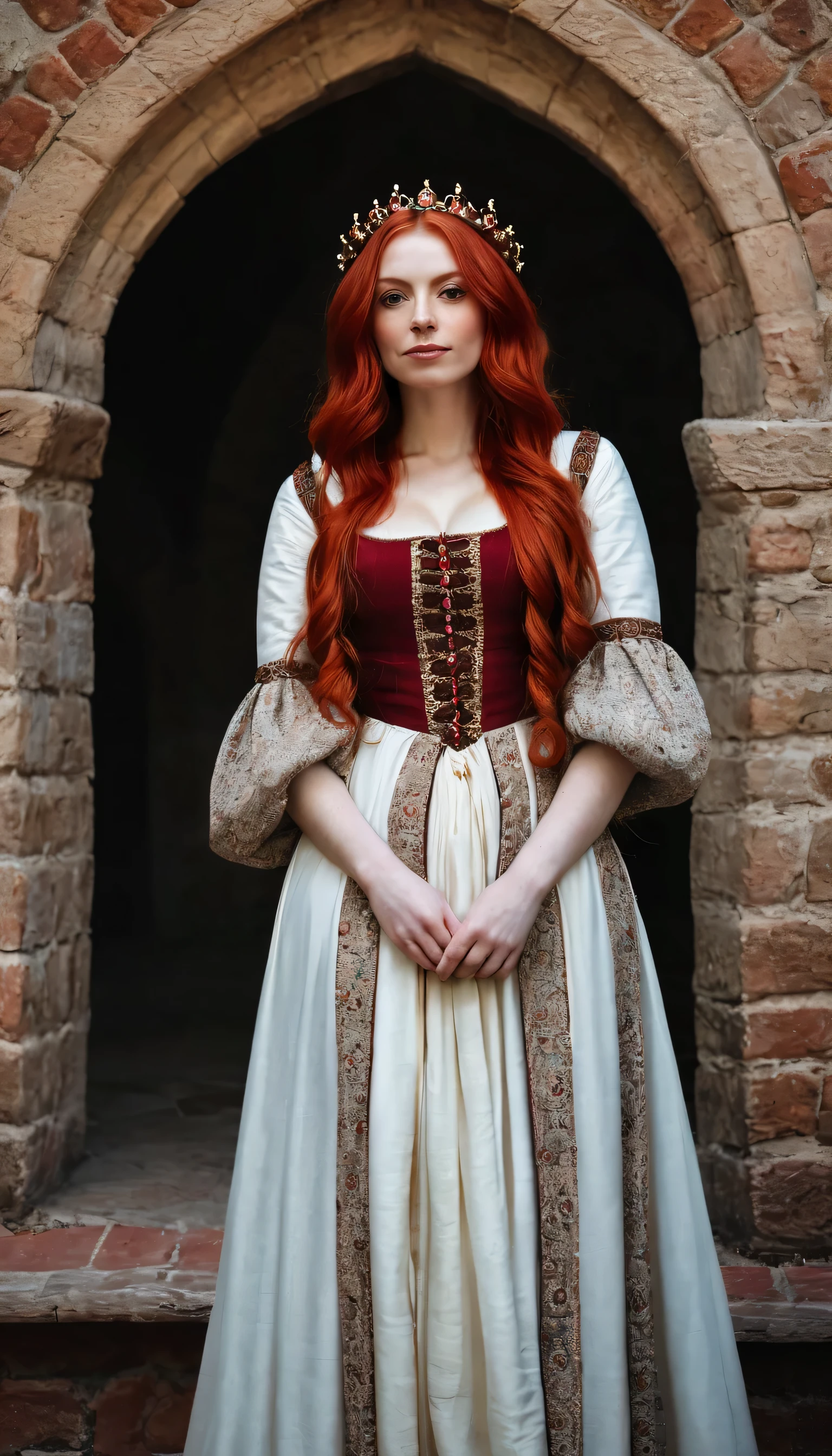 arafed woman in a medieval dress and red red hair, a photo inspired by Chica Macnab, tumblr, medieval art, medieval outfit, fashionable medieval countess, medieval clothes, medieval cathedral, gold trims, medieval chic, medieval girl, medieval regal, medieval maiden, in a medieval style, medieval regal, medieval dress