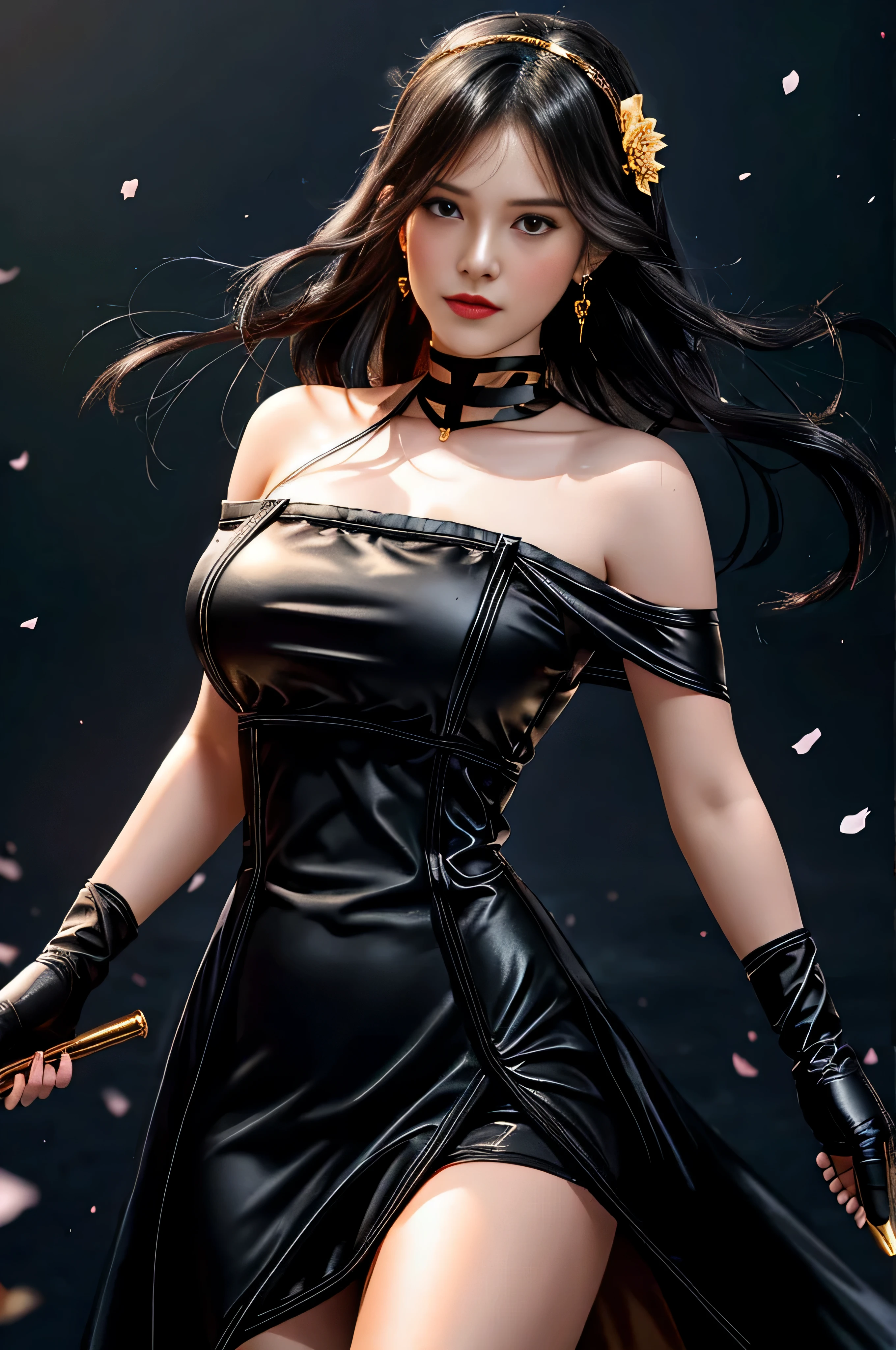 yor briar, (photorealistic), beautiful girl, 

backlighting, bare shoulders, black background, black dress, black gloves, black hair, breasts, closed mouth, cowboy shot, dress, earrings, expressionless, fingerless gloves, floating hair, gloves, gold earrings, gold hairband, hair flower, hair ornament, hairband, jewelry, large breasts, light particles, long hair, looking at viewer, off-shoulder dress, off shoulder, petals, red eyes, short hair with long locks, sidelocks, solo, spikes, thighs, two-sided dress, two-sided fabric

, ((masterpiece))