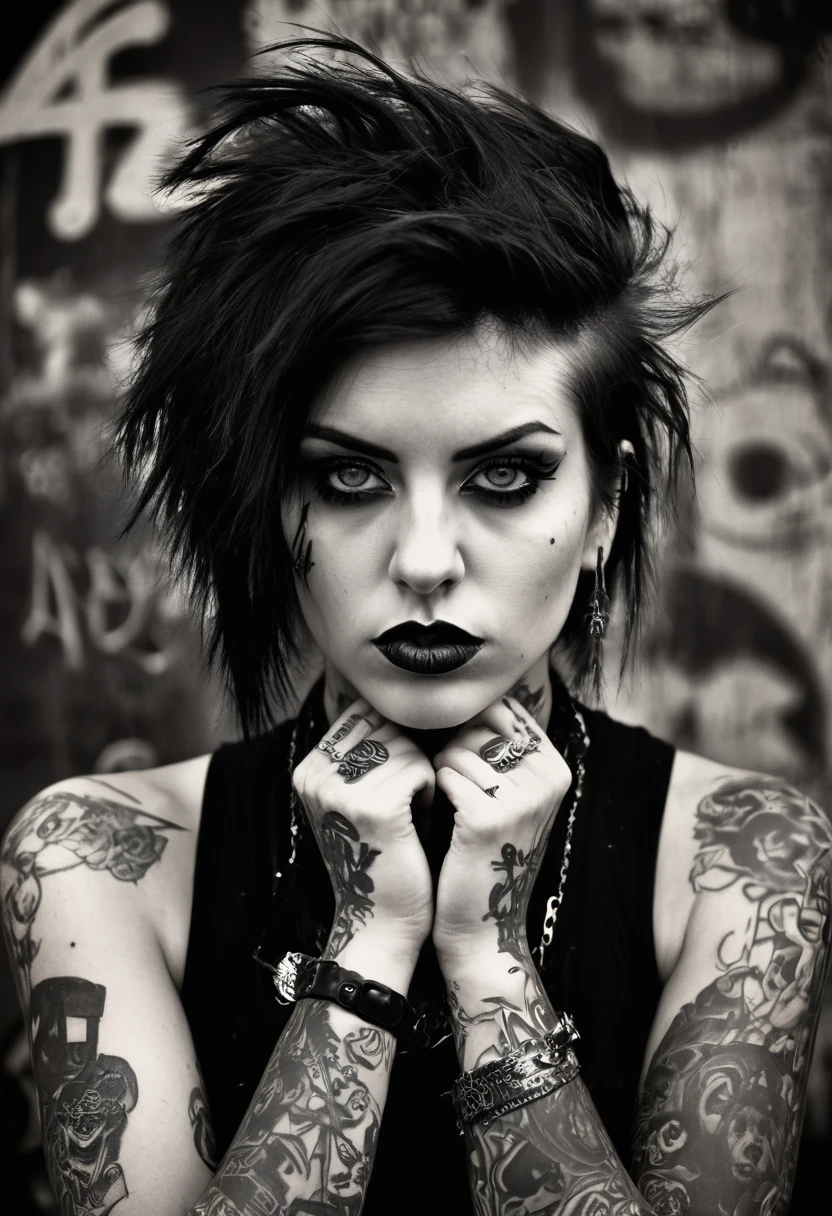 Portrait of a female rocker, expressive eyes, tattoos, attitude, sultry, pictorialism, dystopian, grim dark, goth, chiaroscuro, contrast, surrealism, gritty background, , grunge, graffiti