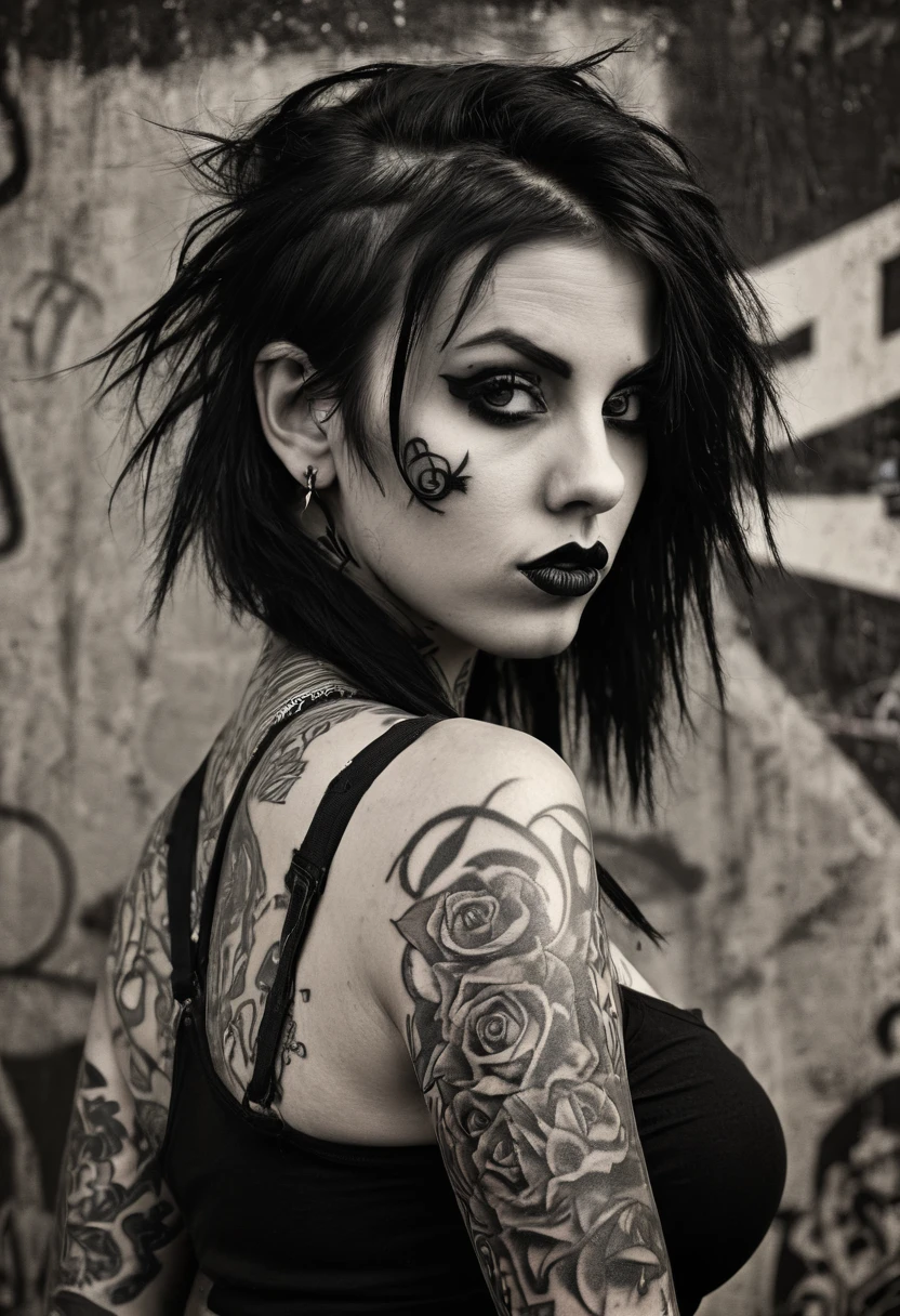 Portrait of a female rocker, expressive eyes, tattoos, attitude, sultry, pictorialism, dystopian, grim dark, goth, chiaroscuro, contrast, surrealism, gritty background, , grunge, graffiti
