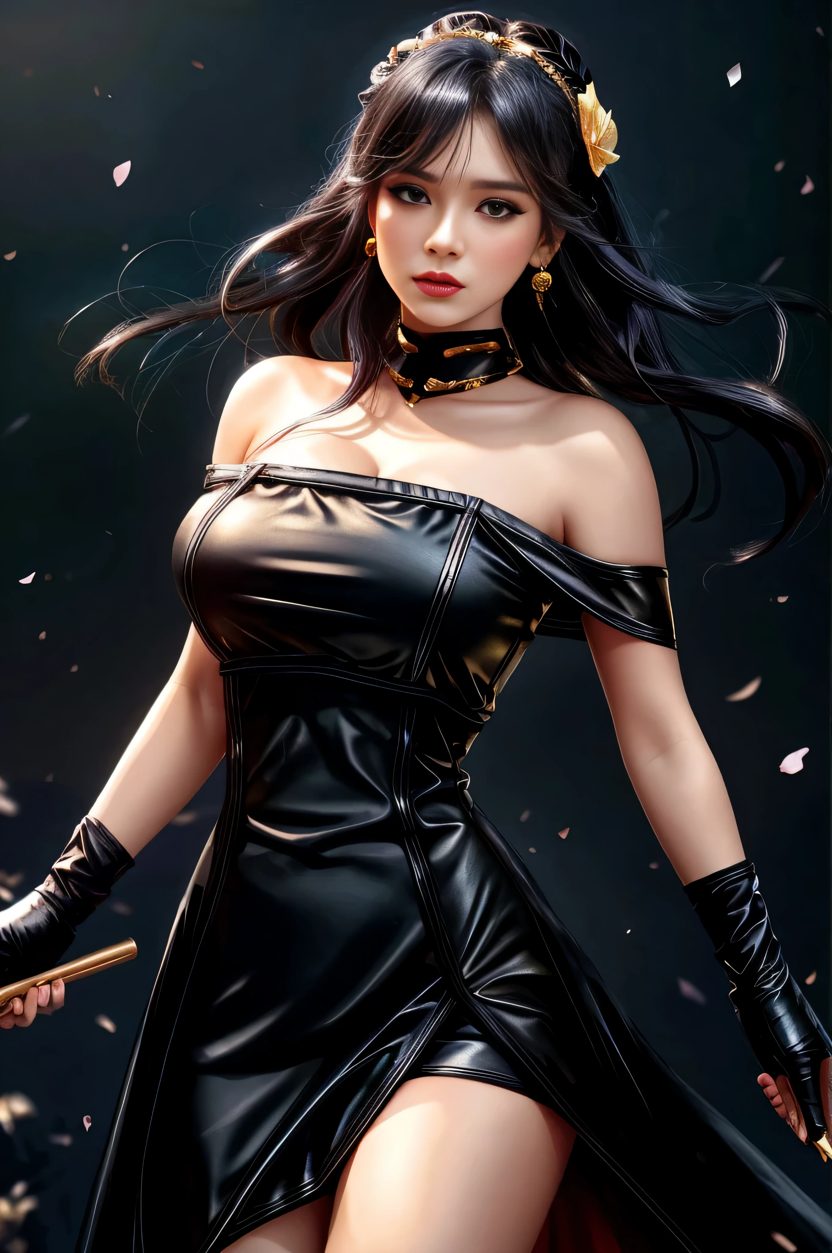 yor briar, (photorealistic), beautiful girl, 

backlighting, bare shoulders, black background, black dress, black gloves, black hair, breasts, closed mouth, cowboy shot, dress, earrings, expressionless, fingerless gloves, floating hair, gloves, gold earrings, gold hairband, hair flower, hair ornament, hairband, jewelry, large breasts, light particles, long hair, looking at viewer, off-shoulder dress, off shoulder, petals, red eyes, short hair with long locks, sidelocks, solo, spikes, thighs, two-sided dress, two-sided fabric

, ((masterpiece))