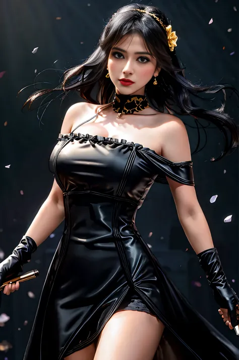 yor briar, (photorealistic), beautiful girl, 

backlighting, bare shoulders, black background, black dress, black gloves, black ...