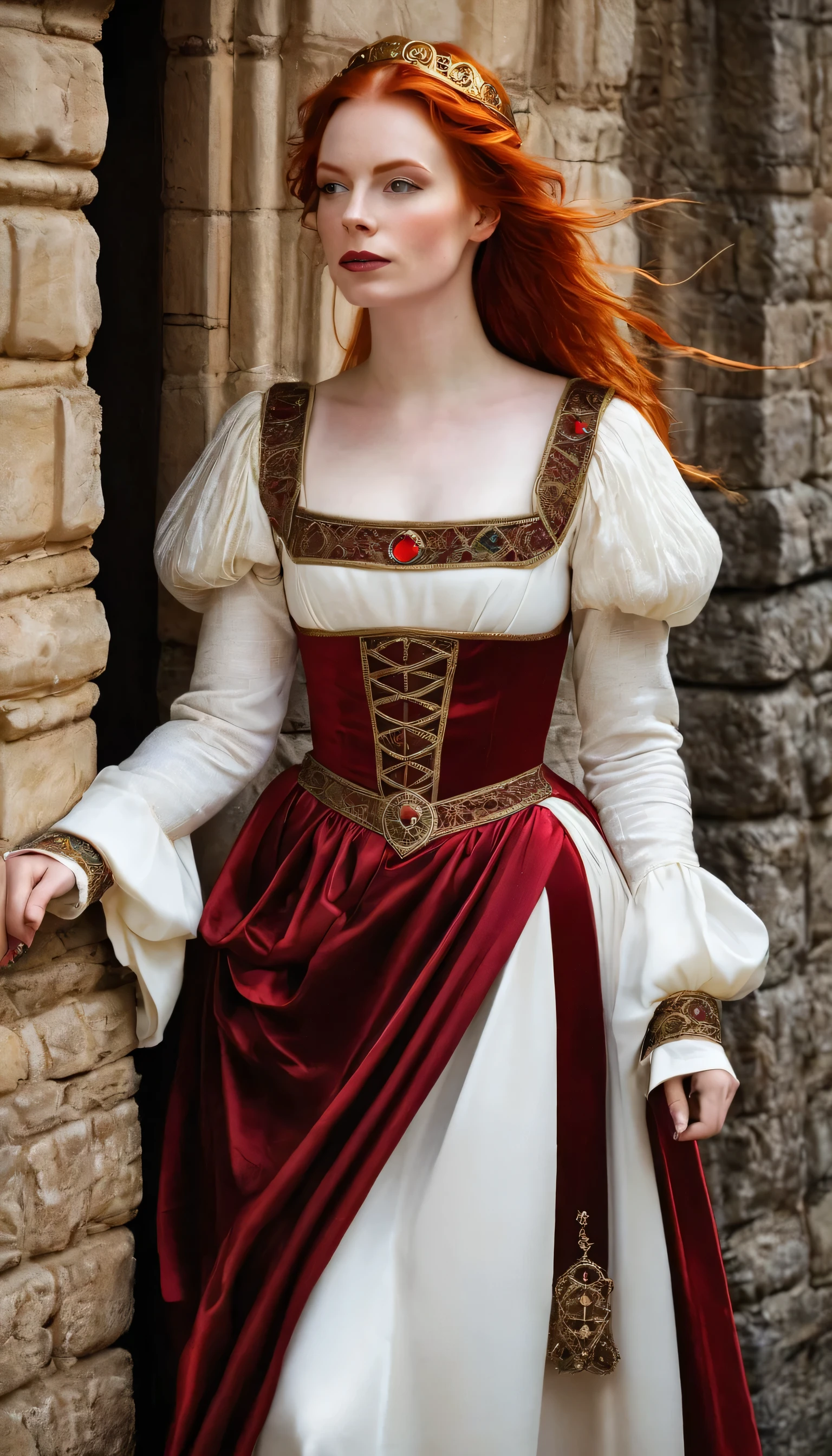 arafed woman in a medieval dress and red red hair, a photo inspired by Chica Macnab, tumblr, medieval art, medieval outfit, fashionable medieval countess, medieval clothes, medieval cathedral, gold trims, medieval chic, medieval girl, medieval regal, medieval maiden, in a medieval style, medieval regal, medieval dress