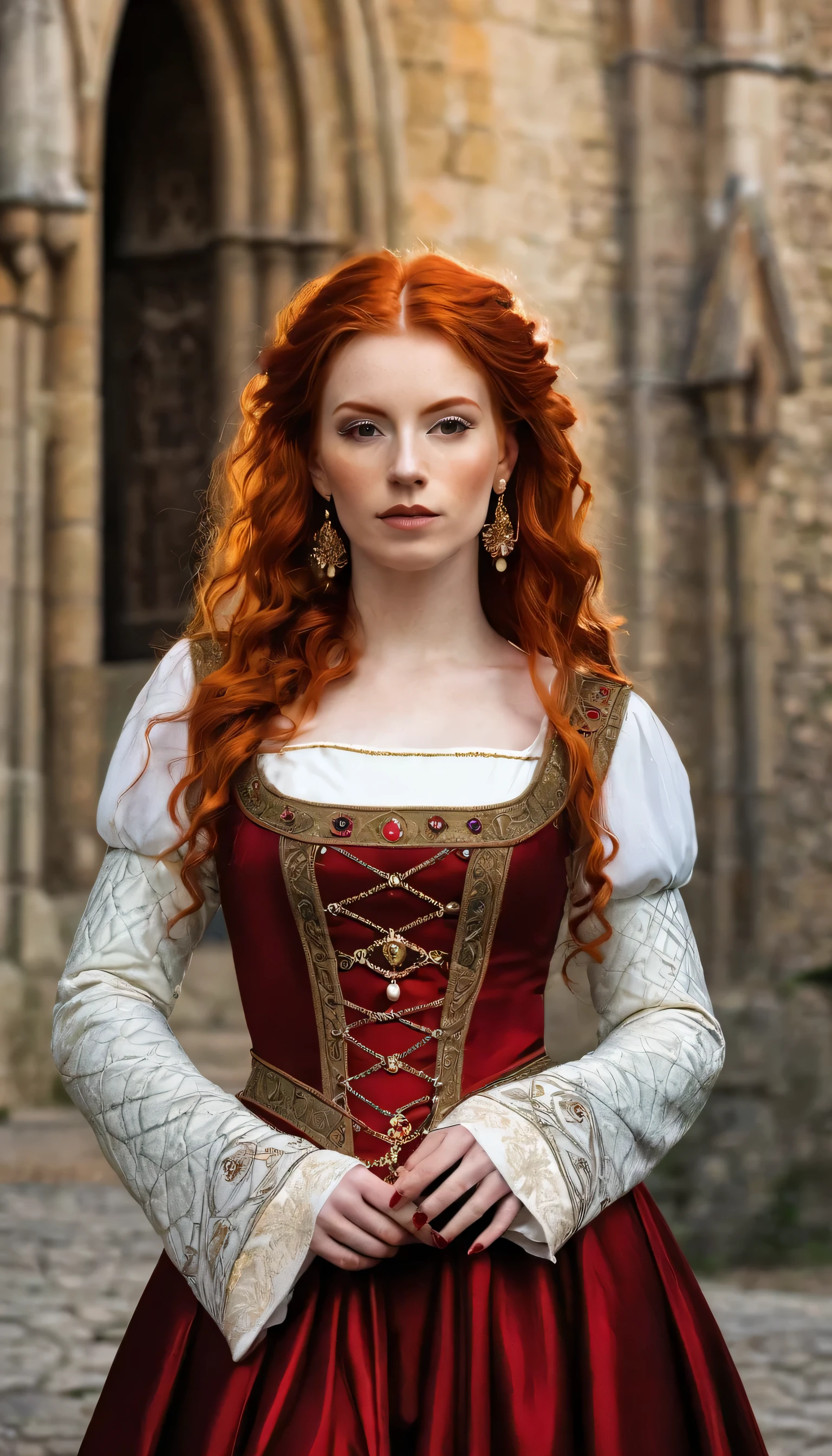 arafed woman in a medieval dress and red red hair, a photo inspired by Chica Macnab, tumblr, medieval art, medieval outfit, fashionable medieval countess, medieval clothes, medieval cathedral, gold trims, medieval chic, medieval girl, medieval regal, medieval maiden, in a medieval style, medieval regal, medieval dress