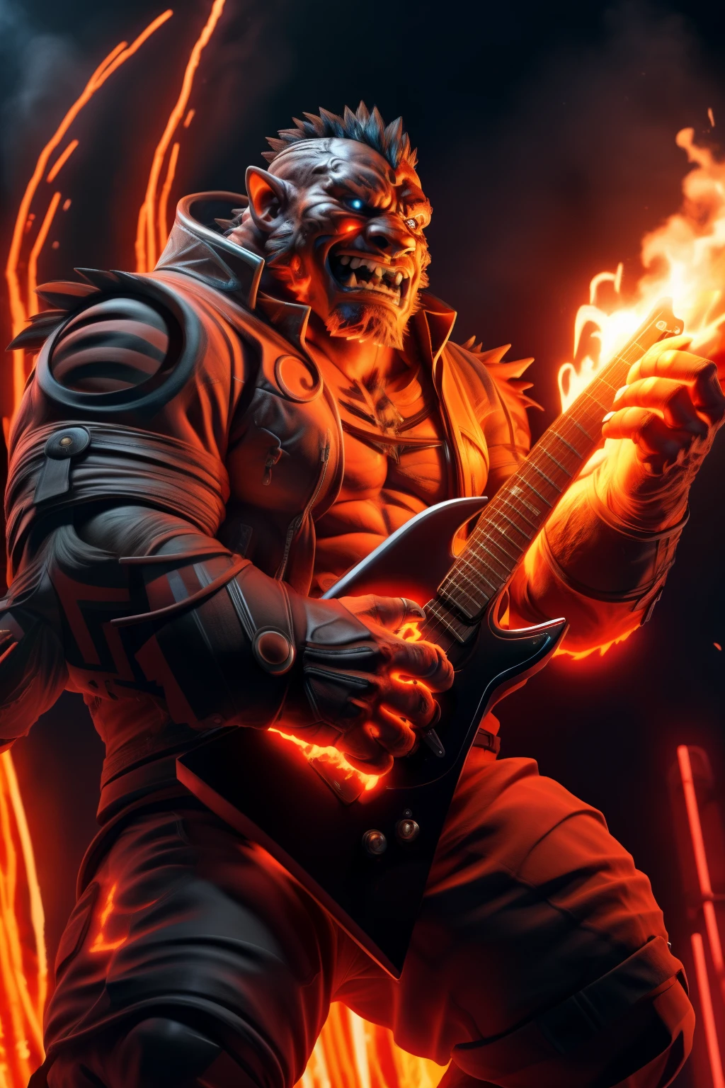 1boy, full body image of an orc with lava-textured skin, a thick beard, and in full heavy armor, playing an electric guitar on stage, performing a heavy metal song, with fire engulfing the background – a cinematic masterpiece, best quality, high resolution, ultra-high definition, intricately detailed, subsurface scattering, complementary colors bringing out the fiery hues, high contrast, sharp edges, and intense, dramatic lighting. By FirefistDynamite, By EmberglowX, By Magmalava3000.