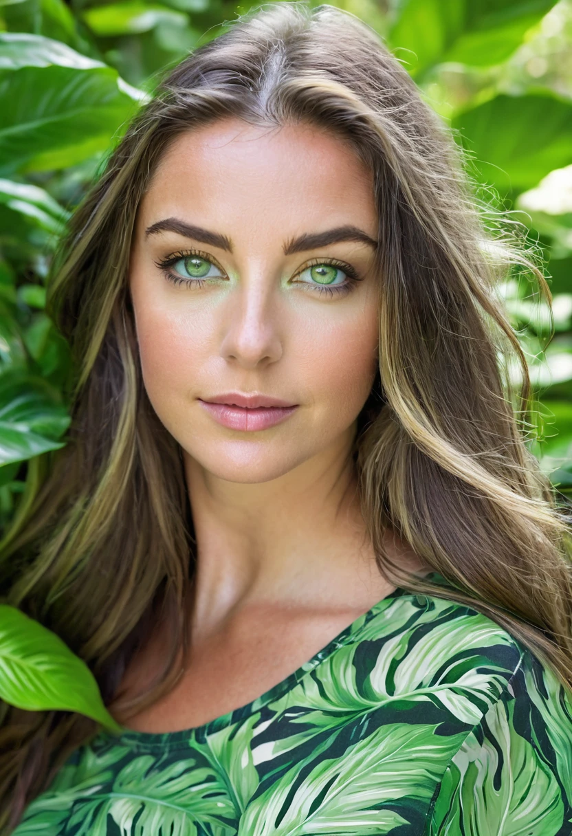 Caucasian female with green eyes, long hair wearing a green leafy top, surrounded by lush green foliage in the background