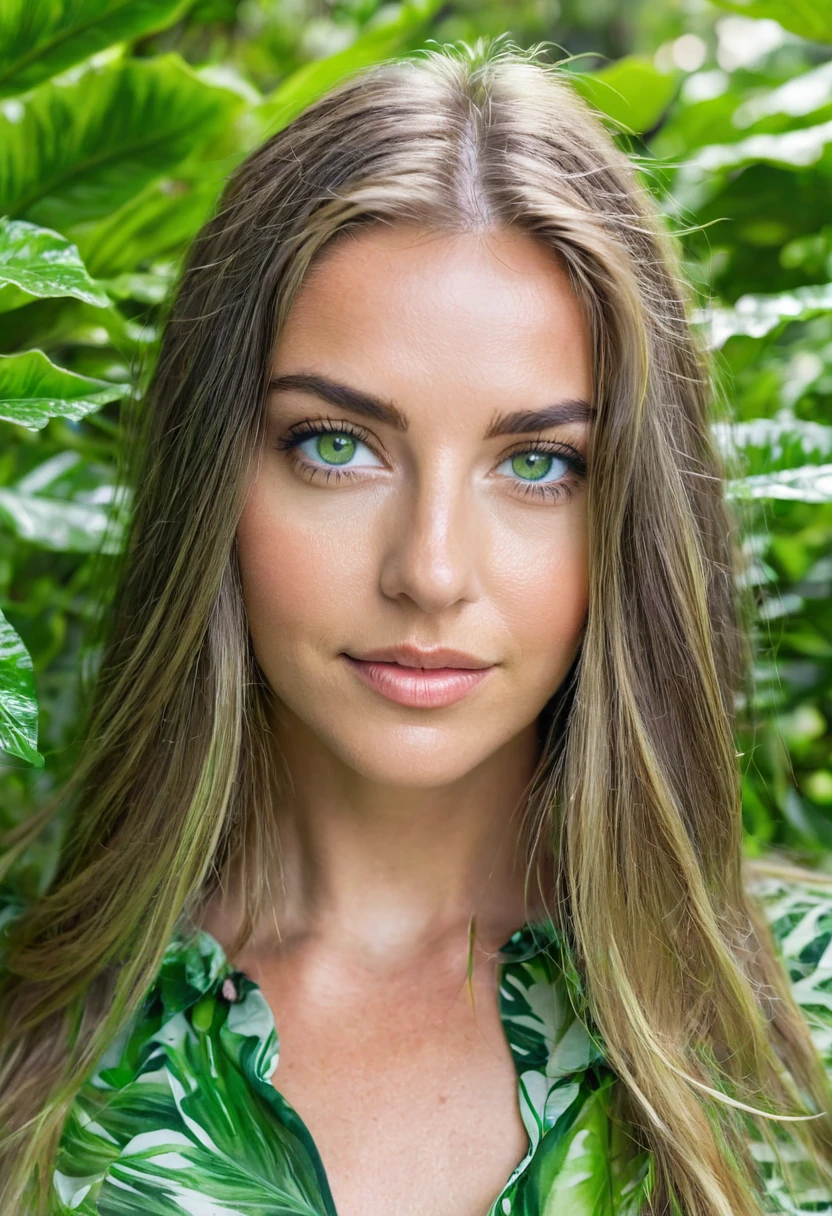 Caucasian female with green eyes, long hair wearing a green leafy top, surrounded by lush green foliage in the background