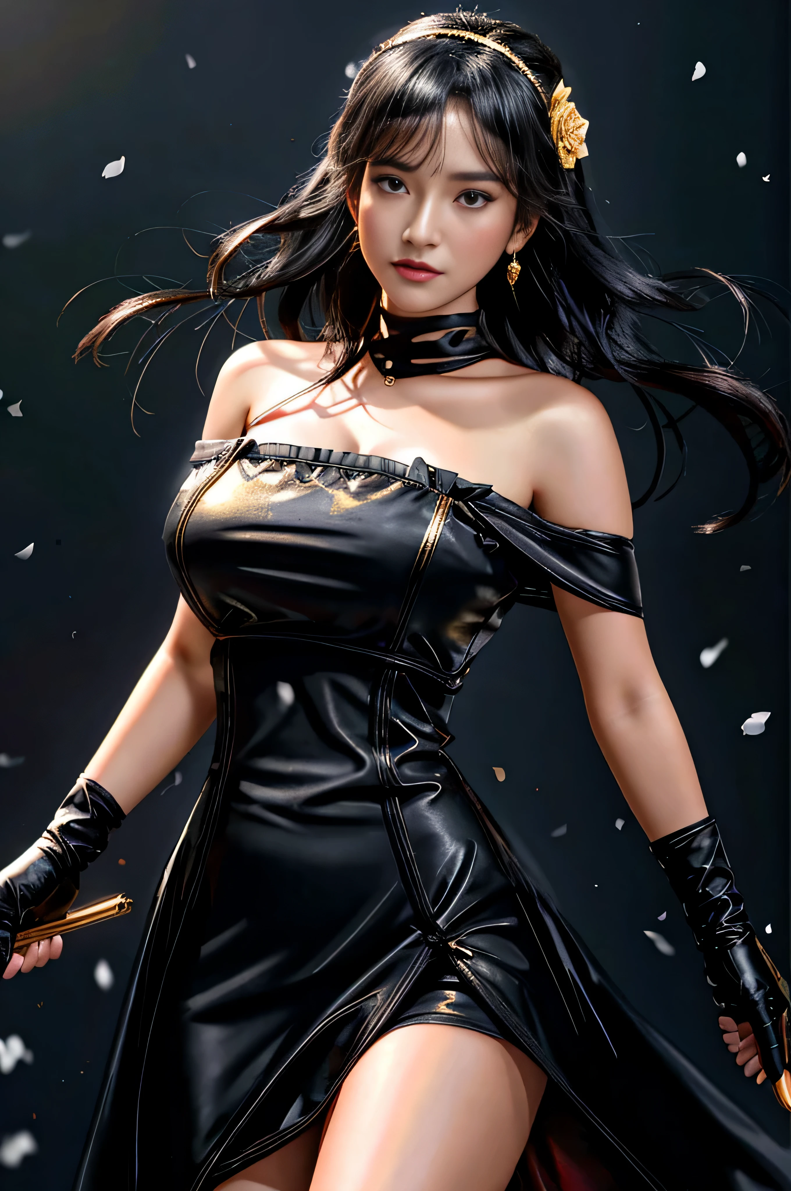 yor briar, (photorealistic), beautiful girl, 

backlighting, bare shoulders, black background, black dress, black gloves, black hair, breasts, closed mouth, cowboy shot, dress, earrings, expressionless, fingerless gloves, floating hair, gloves, gold earrings, gold hairband, hair flower, hair ornament, hairband, jewelry, large breasts, light particles, long hair, looking at viewer, off-shoulder dress, off shoulder, petals, red eyes, short hair with long locks, sidelocks, solo, spikes, thighs, two-sided dress, two-sided fabric

, ((masterpiece))