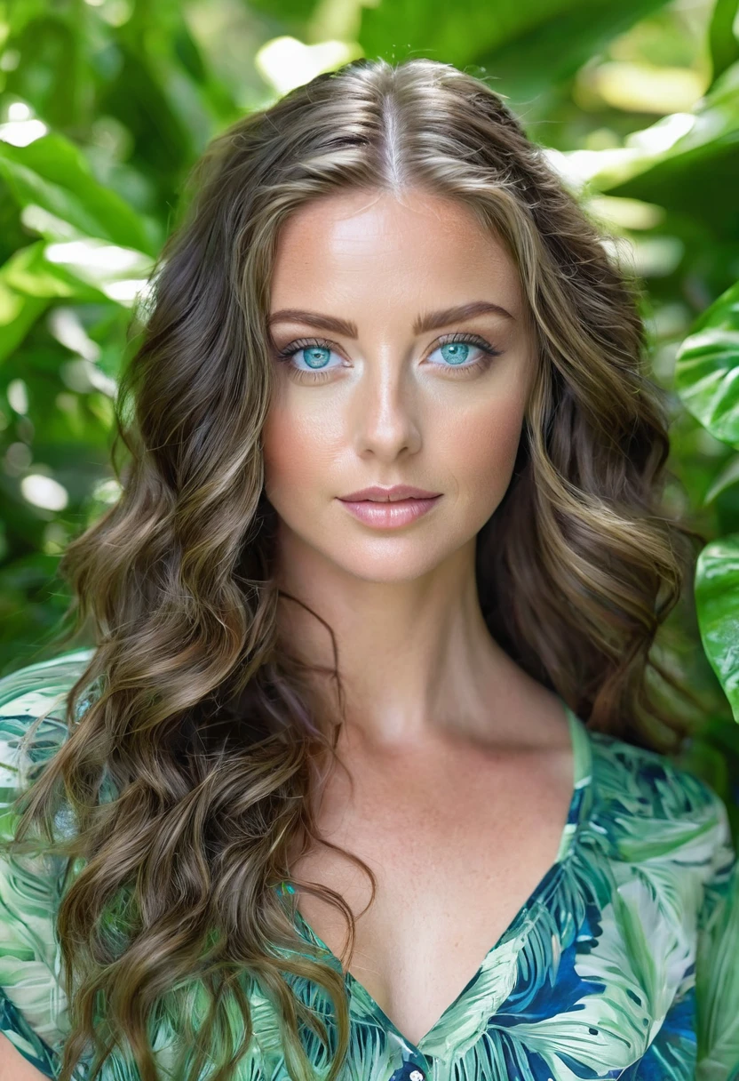 Caucasian female with blue eyes, long wavy brunette hair, wearing a green leafy top, surrounded by lush green foliage in the background