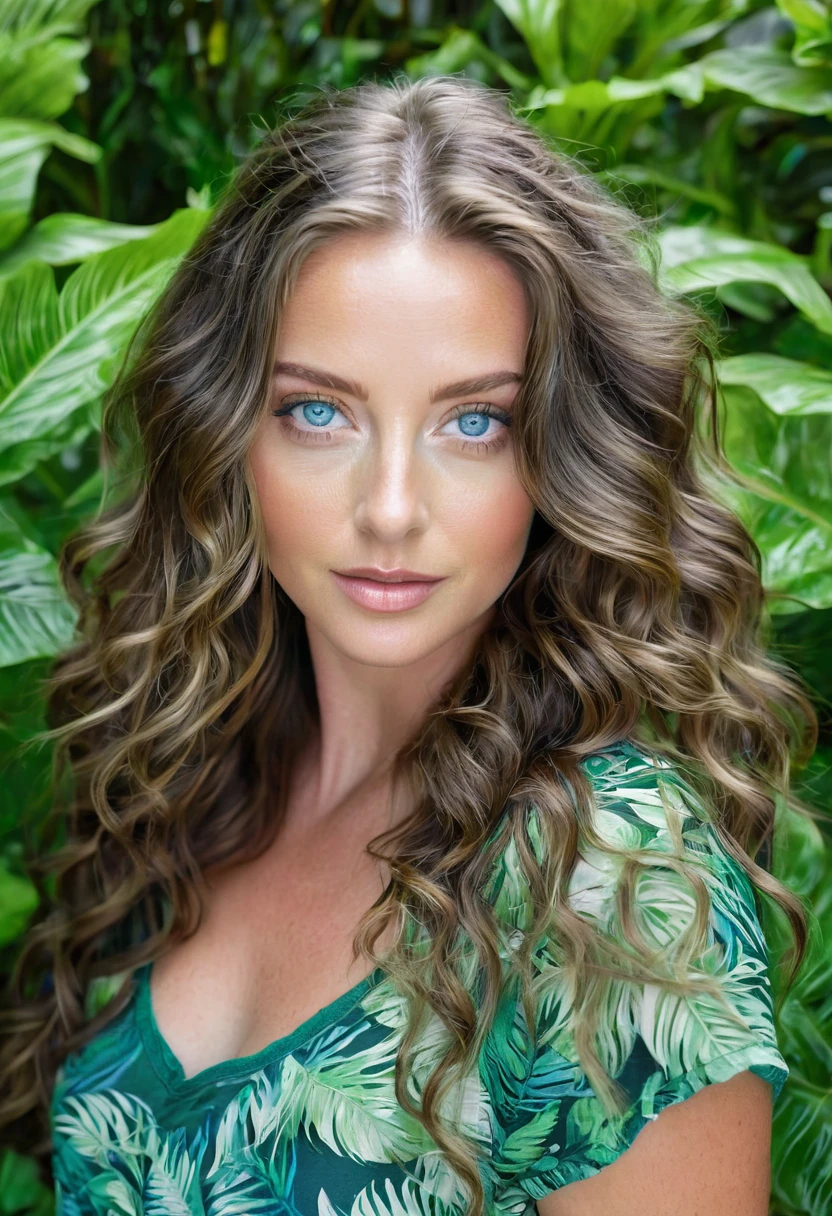 Caucasian female with blue eyes, long wavy brunette hair, wearing a green leafy top, surrounded by lush green foliage in the background