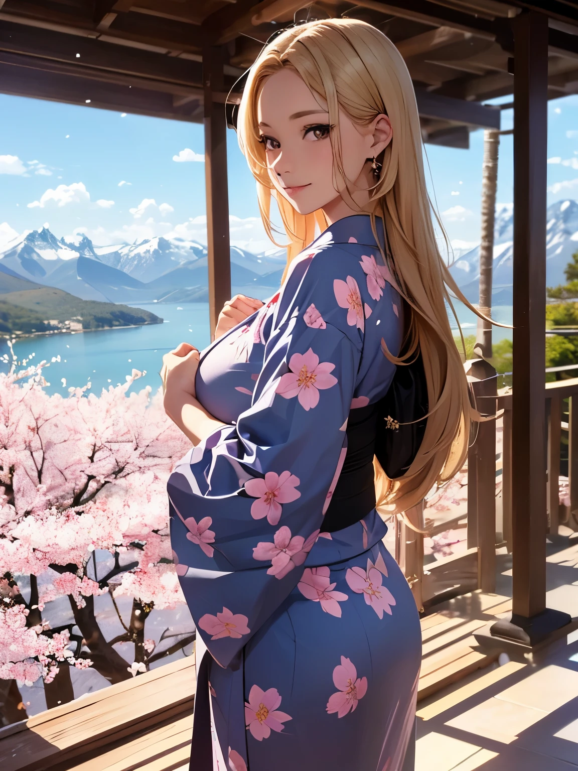 (((ultra high definition))), (((Alice.Ziberuku))), masterpiece, best quality, detailed, (1 girl), alone, (超detailed藍眼睛, long blonde hair, permanent: 1.2), Be close to the audience, (sexy kimono), Lovely smile, (Plump breasts, attractive body :1.2), (Put your arms behind your back), water, Sunset, (earring), (cherry blossoms in bloom), Snowy mountains and lake in the background,