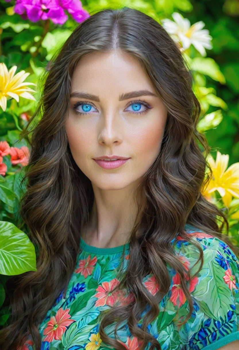 Caucasian female with blue eyes, long wavy brunette hair, wearing a green leafy top, surrounded by olorful flowers in the background