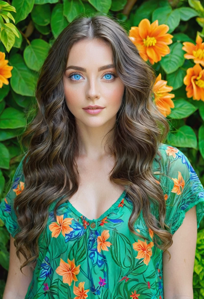 Caucasian female with blue eyes, long wavy brunette hair, wearing a green leafy top, surrounded by olorful flowers in the background