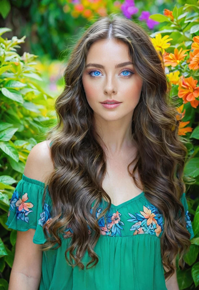 Caucasian female with blue eyes, long wavy brunette hair, wearing a green leafy top, surrounded by olorful flowers in the background