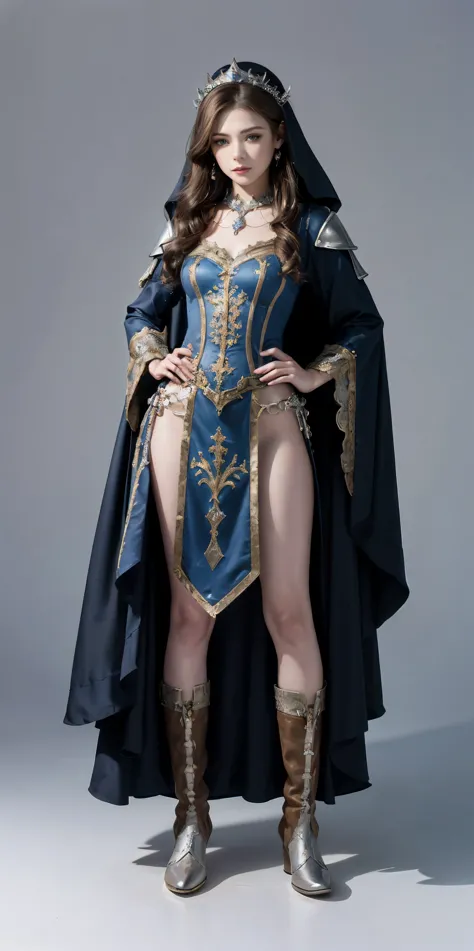 full body of a woman in a dress with a veil, feet together, standing feet together, militar boots, beautiful fantasy maiden slave warrior, beautiful fantasy art portrait, fantasy victorian art, medieval fantasy art, beautiful and elegant queen Roxxane, por...
