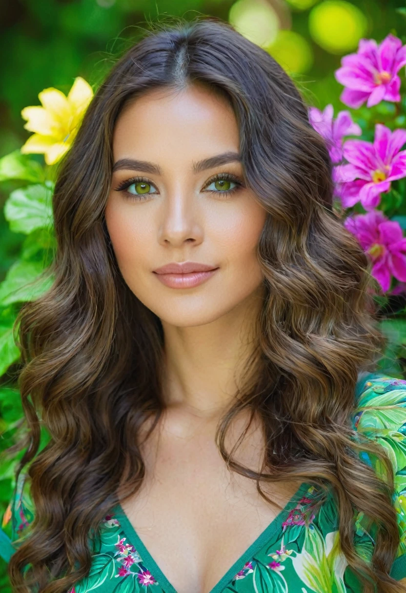 Caucasian female with brown eyes, long wavy brunette hair, wearing a green leafy top, surrounded by olorful flowers in the background