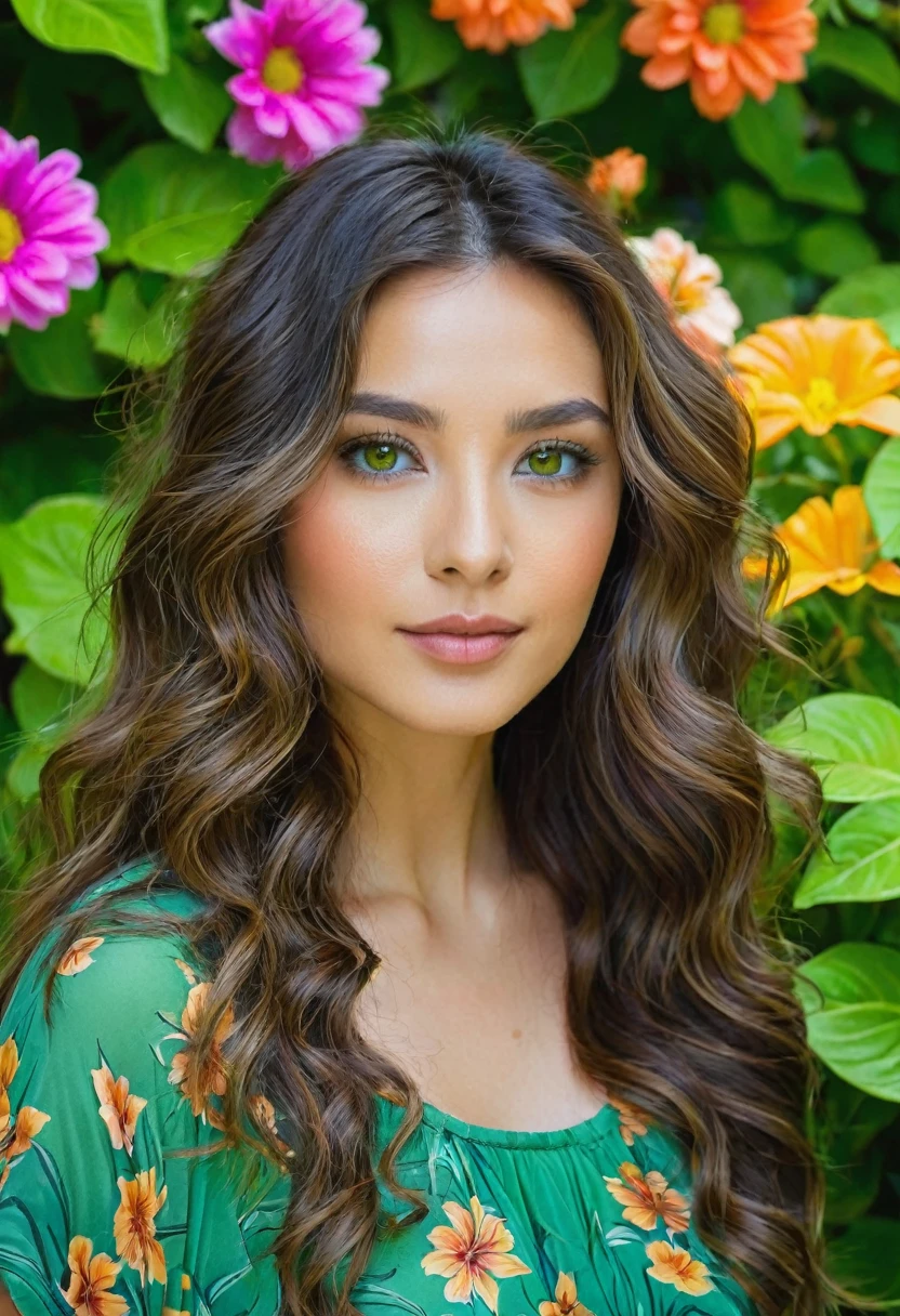 Caucasian female with brown eyes, long wavy brunette hair, wearing a green leafy top, surrounded by olorful flowers in the background