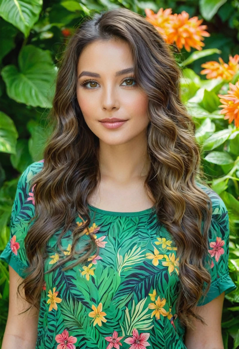 Caucasian female with brown eyes, long wavy brunette hair, wearing a green leafy top, surrounded by olorful flowers in the background