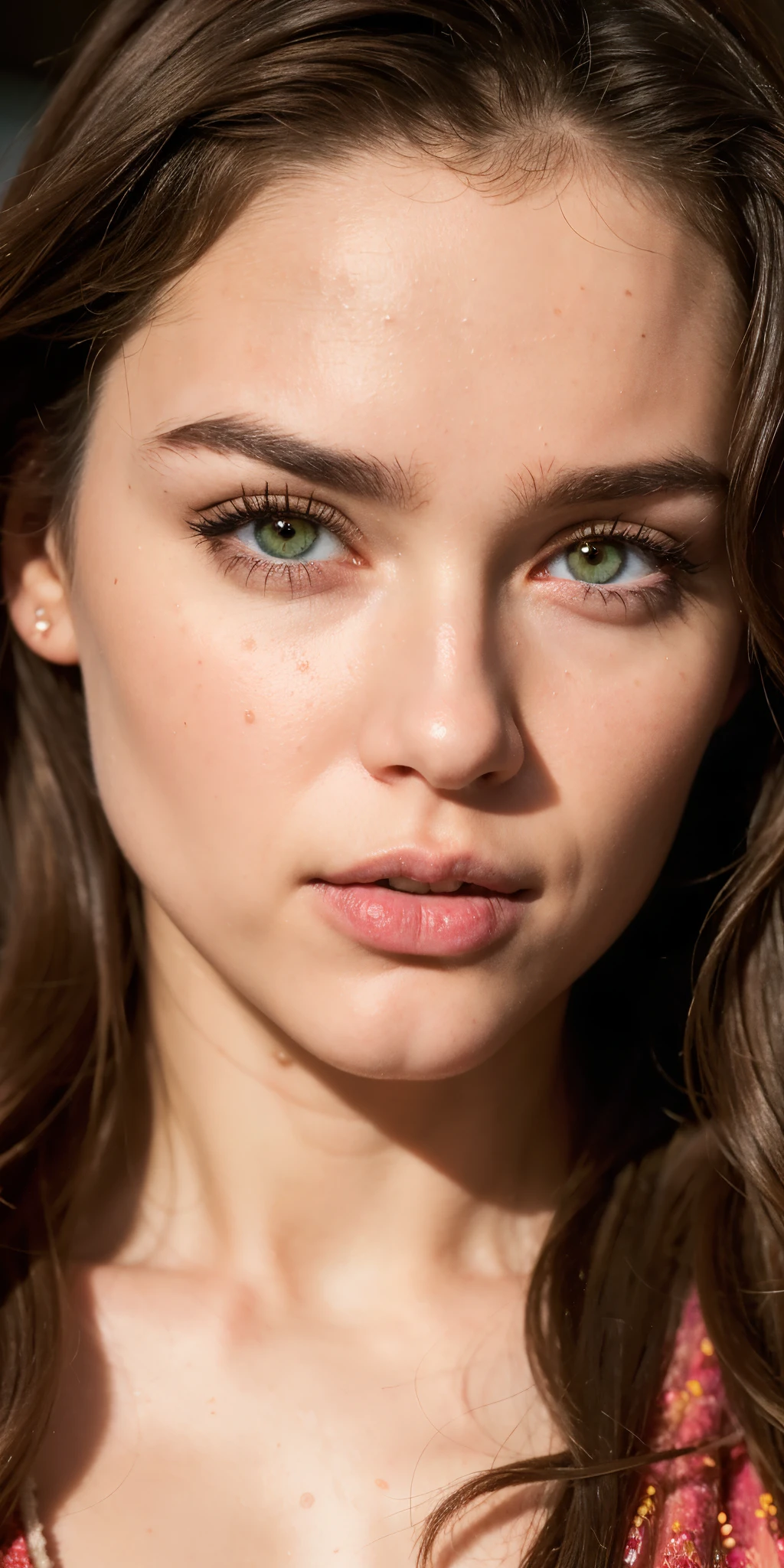 Full Face portrait photo oF 25 year old European girl, CRUDO, beautiFul woman, halF-open strawberry lips, hoyuelos, mirada anhelante, ojos verdes, alumnos grandes, big eyelashes, (very long wavy brown hair), ((detalleed Face)), ((detalleed Facial Features)), (Fine skin), pale skin, (tech cyberpunk dress with detalleed deep cleavage), entorno de megaciudad cyberpunk, (colores frios), wet, wet, reFlection, (obra maestra) (perFect proportions) (Fotos Realistas) (of the highest quality) (detalle) disparada con Canon EOS R5, Lente de 50 mm, F/2.8, HDR, (fondo de pantalla) (cinematic lighting) (dramatic lighting) (sharp Focus) (complejo), (Face close-up)),