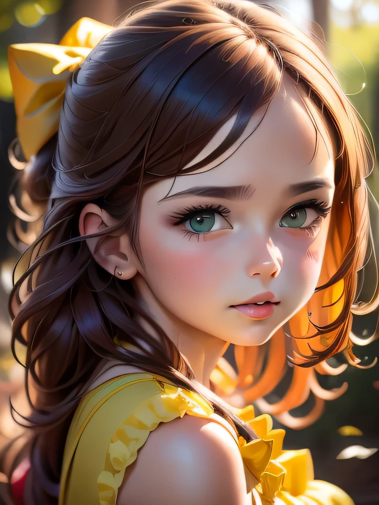 一個可愛的女孩的肖像, 5-6年, 深紅色頭髮, 黃綠色的大眼睛, 豐滿的嘴唇呈蝴蝶結狀, 淺黃色連身褲, 現實主義, 水彩, 4k, 高細節