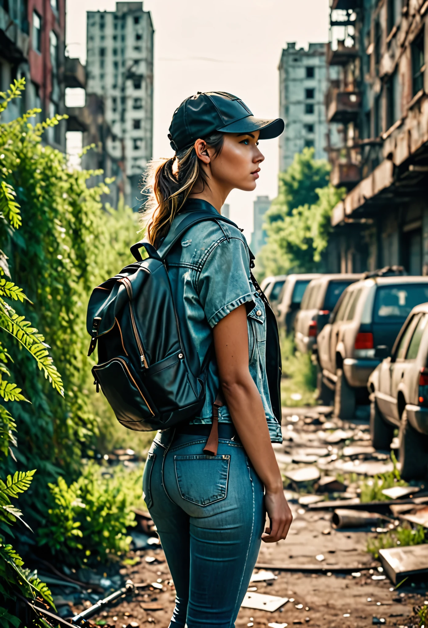 realistic photo, realistic post-apocalyptic world, an abandoned city overgrown with greenery, blocks and skyscrapers, old junk cars covered with bushes,, full silhouette from behind,, a woman walking down the street, looking around with curiosity, holding a rifle at the ready, wearing tight jeans, a leather jacket and knee-high boots, The woman has a backpack on her back and a baseball cap on her head, she turns her head to the side so that her face is visible, she has no makeup,, woman is little muscular,, Nikon d8, film grain, bokeh, perfect light, shadows, detailed face and body, immersive background,