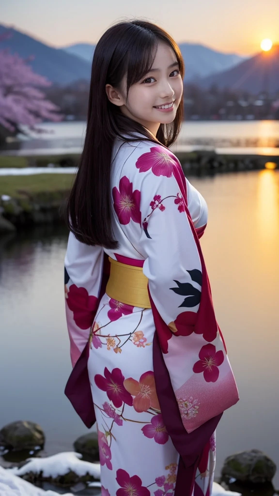 asuna, chef-d&#39;œuvre, la plus haute qualité, se familiariser avec, (1 fille), seul, se familiariser avec golden eyes, cheveux longs, Sont debout, proche du spectateur, (se familiariser avec kimono), léger sourire, seins moyens,  (tourne tes bras derrière ton dos), eau, coucher de soleil, (ornements de cheveux), (Les fleurs de cerisier fleurissent),  Lac de montagne enneigé en arrière-plan