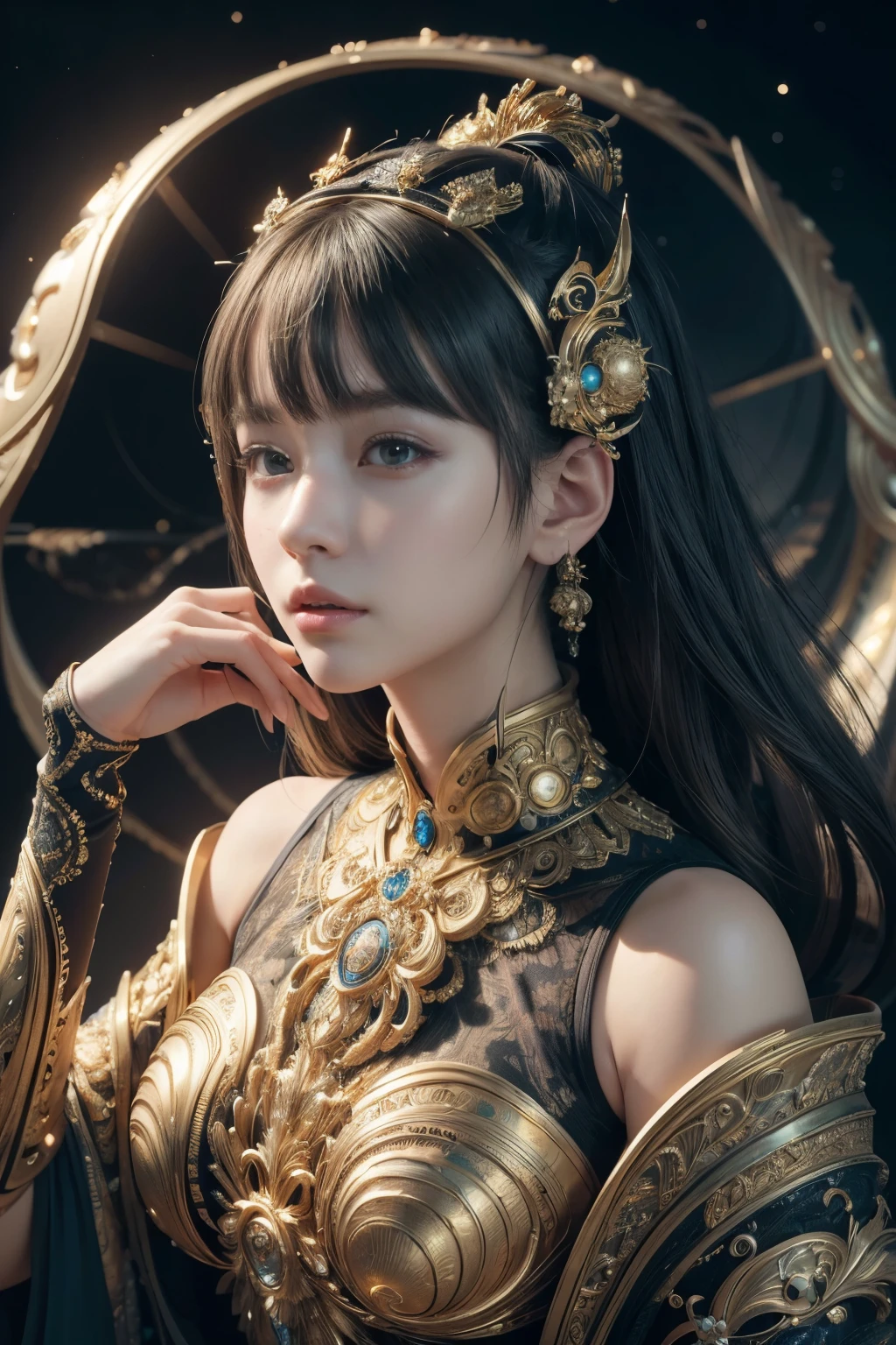 (high quality), (masterpiece), (detailed), 8K, Hyper-realistic portrayal of a futuristic (1girl1.2), Japanese character within a mandelbulb-inspired gold environment. Meticulous details capture the seamless blend of tradition and innovation in this visually stunning composition. Trending on Artstation.