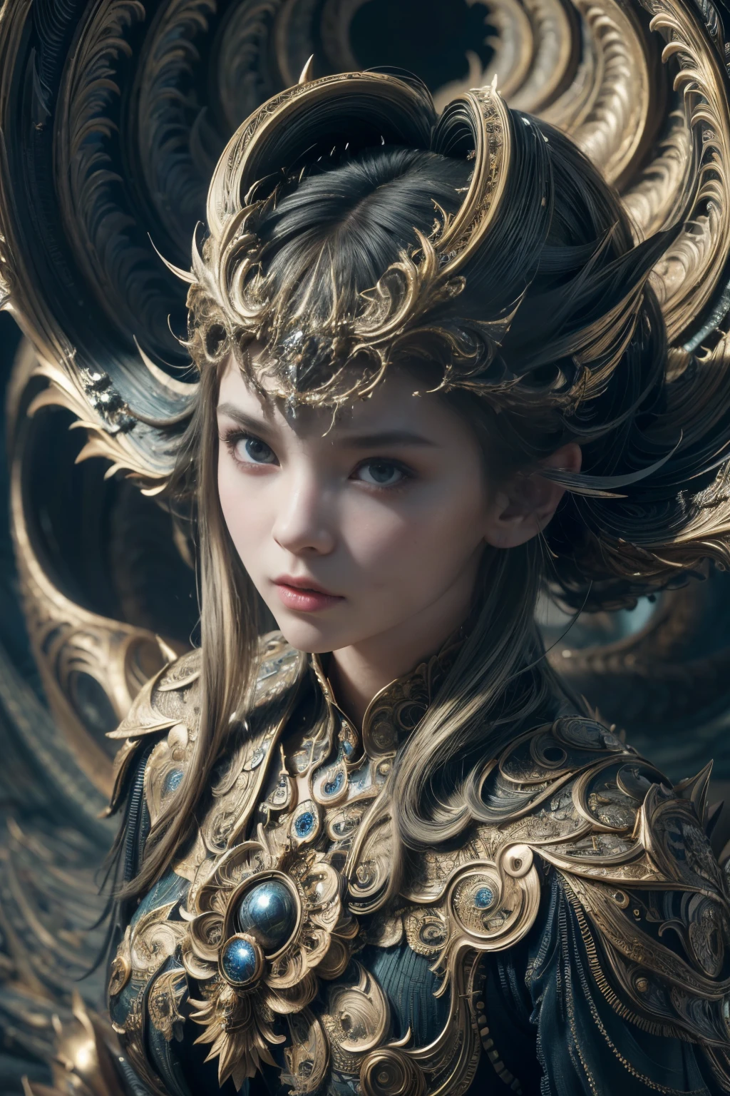 (high quality), (masterpiece), (detailed), 8K, Hyper-realistic portrayal of a futuristic (1girl1.2), Japanese character within a mandelbulb-inspired environment with demonic elements. Meticulous details capture the seamless blend of tradition and innovation in this visually stunning composition. Trending on Artstation.