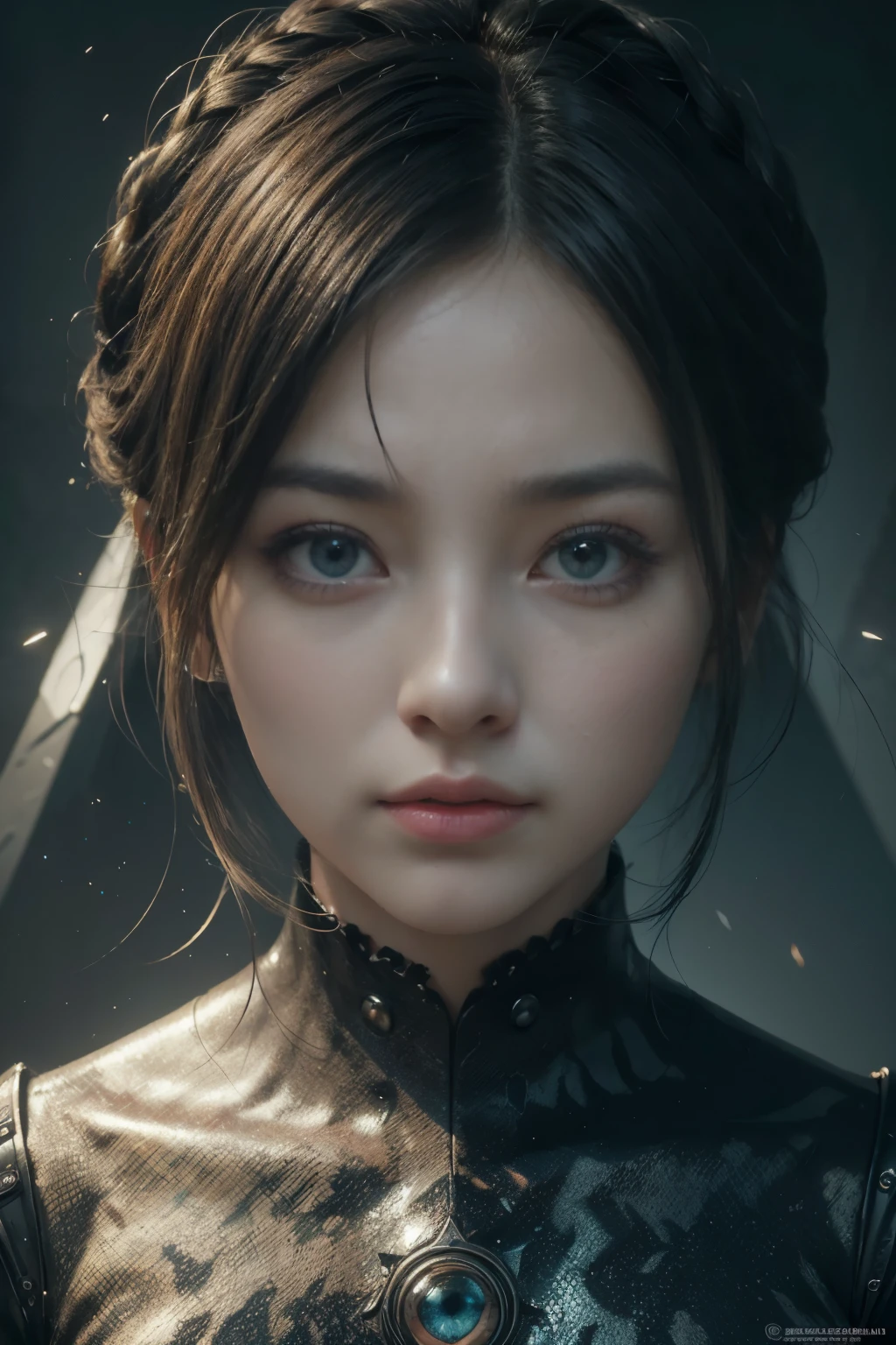 (alta qualidade), (Obra de arte), (detalhado), 8K, Retrato hiper-realista de um mundo futurista (1menina1.2), Personagem japonês com um monólito hipnotizante e um olhar cativante. Detalhes meticulosos capturam a mistura enigmática de tradição e inovação nesta composição visualmente deslumbrante. tendências no ArtStation.