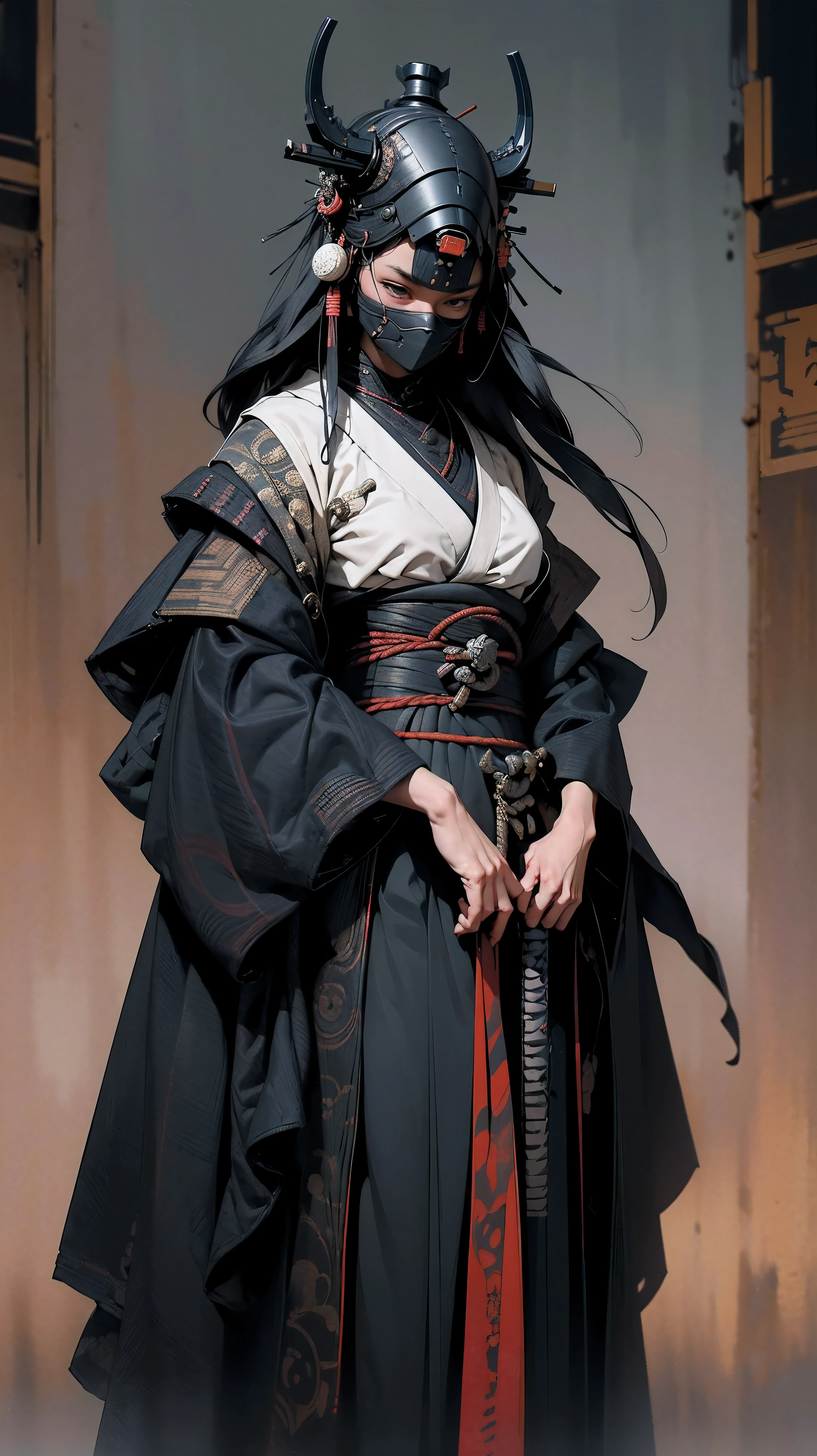 (highres,photorealistic) samurai girl, white skin, face mask, absolutely black kimono, black katana, intricate pattern on black kimono, detailed armor, elegant posture, fierce expression, dark night background, intense atmosphere, samurai code of honor, powerful warrior, stoic and disciplined demeanor, gracefully flowing hair, piercing eyes, determined and focused gaze, subtle shadows and highlights, dynamic katana movement, striking and precise strikes, intense battle scenes, traditional Japanese calligraphy, ornate and intricate details on the katana