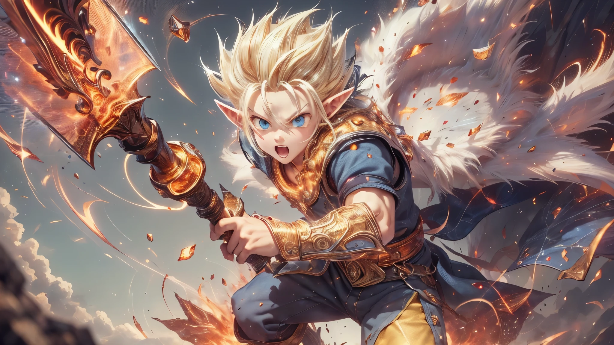 (masterpiece), 8k, best quality, full body, elf boy, naive, male, teenager, 14 years old, white skin, slim body, pointed elf ears, beautiful finely detailed silver eyes, high forehead, hair yellow blonde spiky like Gohan from the anime dragon ball (super sayajin), Incredibly handsome, calm appearance, conservative elven outfit, holding golden pickaxe, opening the way to the surface, golden pickaxe fight (short), warrior, brave, strong, hero, valor, fearless, action-packed, adventure, heroic pose, serious expression