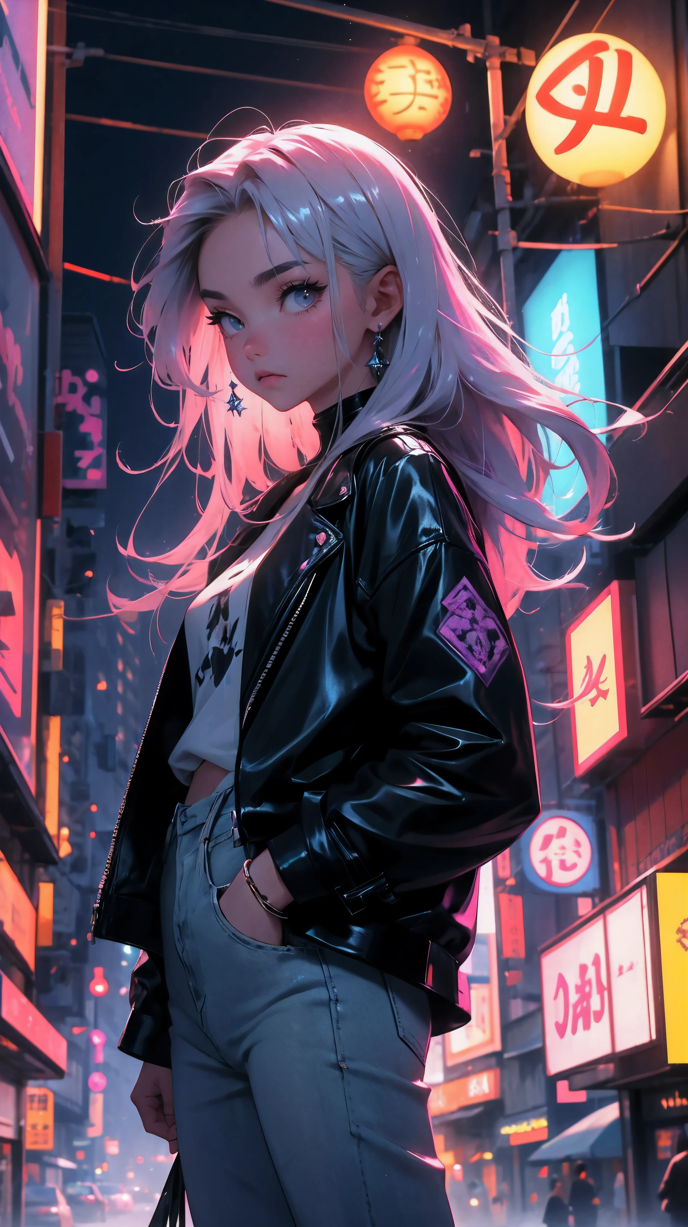 graceful young woman of East Asian descent standing in a foggy evening street. Her long, straight hair flowing over her shoulders, lavender hair. She wears black leather jacket, lavender t-shirt, blue jeans. The street is in an Asian city setting, noticeably adorned with neon yellow signs on the buildings around her; misty atmosphere, casting an ethereal glow that illuminates the woman and the surroundings.