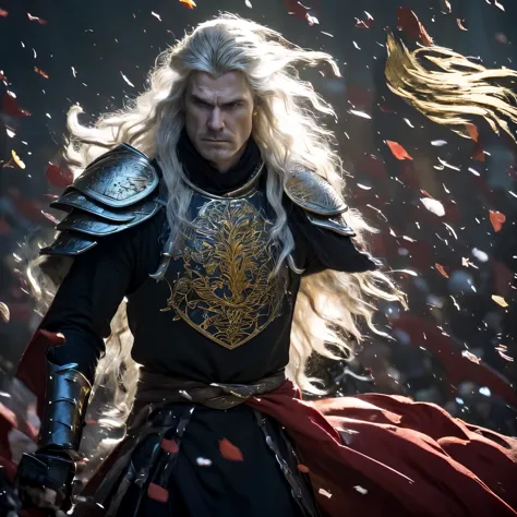 Create an AI-generated image depicting the climactic duel between Rhaegar Targaryen, the Crown Prince of the Seven Kingdoms, and...