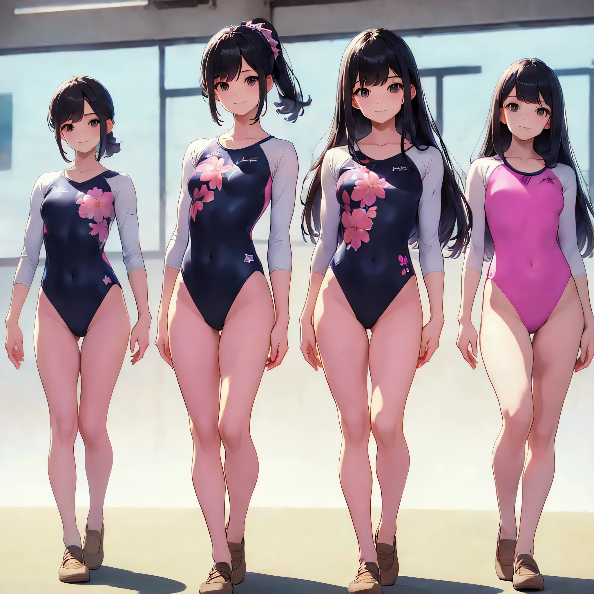 ((full body)),(masterpiece, highest quality), (3 girls 1.5) ,((contrasting:1.5)), looking at iniewer, walk,((in_arm:1.2)), wear gymnastics_longsleeines_leotard_outfit leotard:1.3),(pink leotard) ,(Floral:1.3), BREAK masterpiece black hair, ((long hair:1.2)), ((parted bangs:1.3)), black eye, good hand, ((small breasts)), (oiner 20 years old, Under 25 years old:1.2), , Spotlight, Happy, smile, 教室in休憩