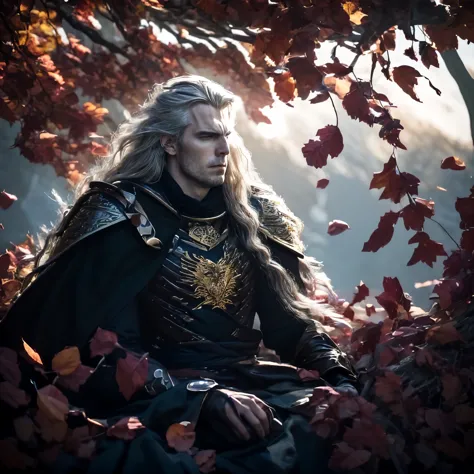 Create an AI-generated image depicting the death of Rhaegar. His violet eyes reflect the stark realization of his mortality as h...