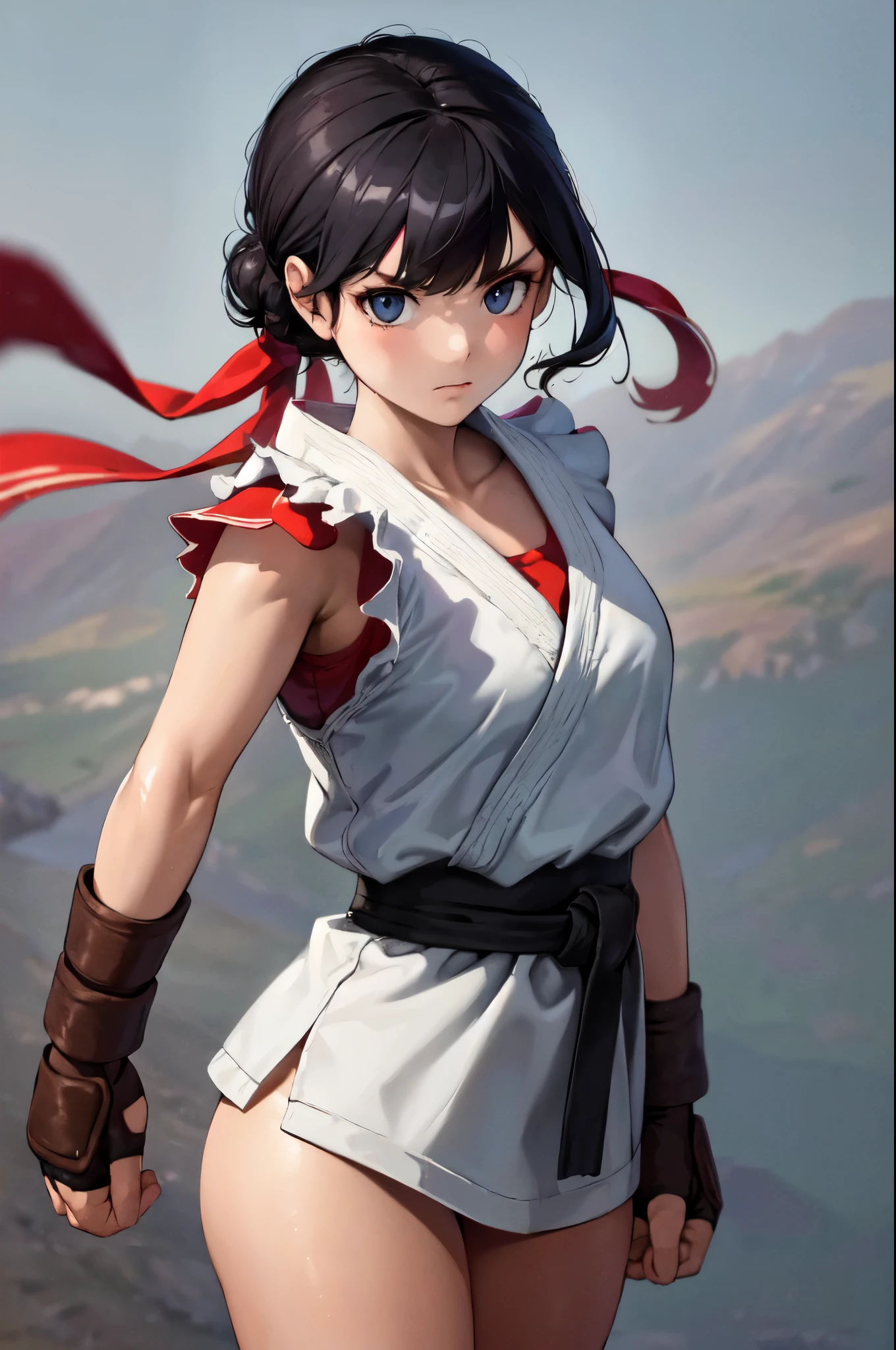 (masterpiece, best quality:1.2), expressive eyes, perfect face, highres, 1girl, solo, ryu, \(sf\), (female:1,5), black hair, dougi, fingerless gloves, headband, standing, cowboy shot, looking at the viewer