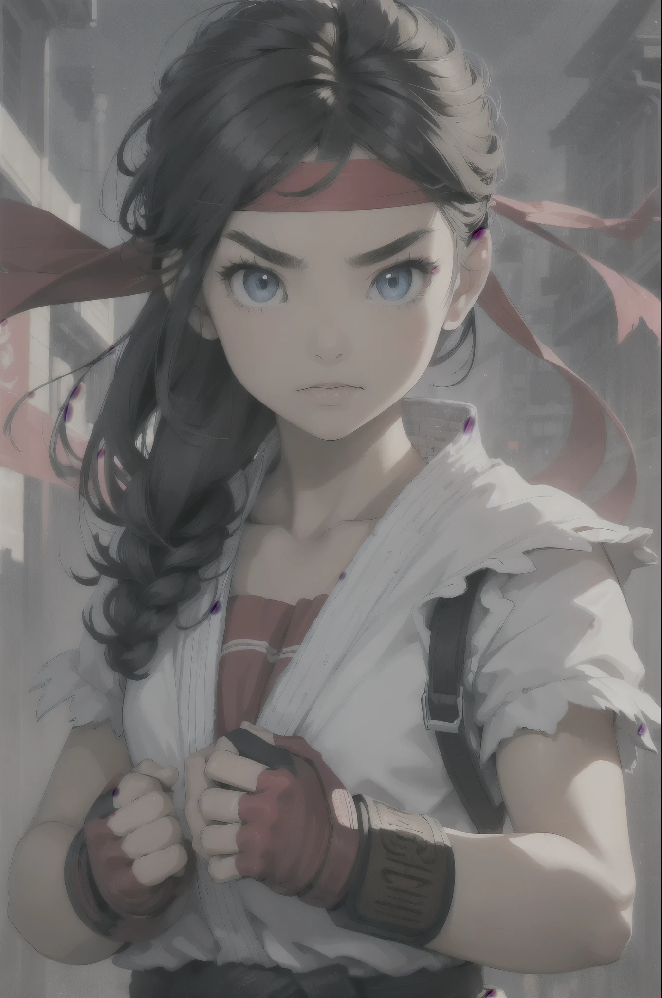 (masterpiece, best quality:1.2), expressive eyes, perfect face, highres, 1girl, solo, ryu \(sf\), (female:1.5), black hair, dougi, fingerless gloves, headband, standing, portrait, looking at the viewer