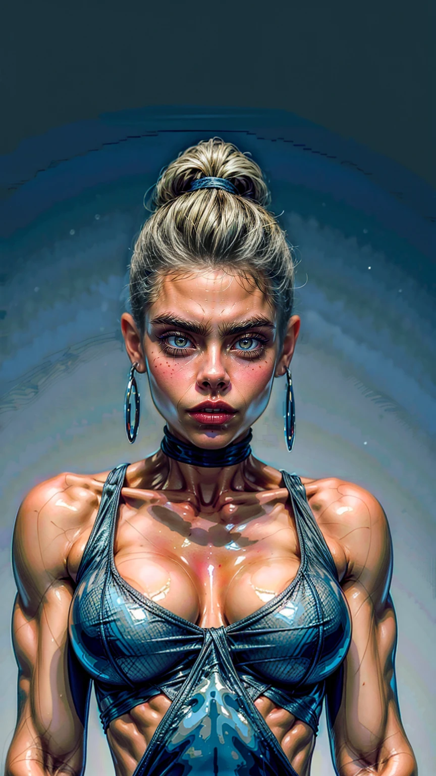 (1 Mädchen), (Cara Delevingne), Zeichnung eines weiblichen Fitnessmodells, Trainierter Körper, feminin, riesiger Oberkörper, Torso-Aufnahme, Breite Schultern, veins, schönes Gesicht, vollen Lippen, Schlankes Gesicht, hohe Wangenknochen,(beste Qualität, highres, ultra-detailliert, Realistisch), muskulöse Arme, definierte Bauchmuskeln, selbstbewusster Ausdruck, silbergrauer leichter Body, intensiver Blick, leuchtende Farben, dynamische Beleuchtung, Mixed-Media-Kunstwerk, leerer Hintergrund