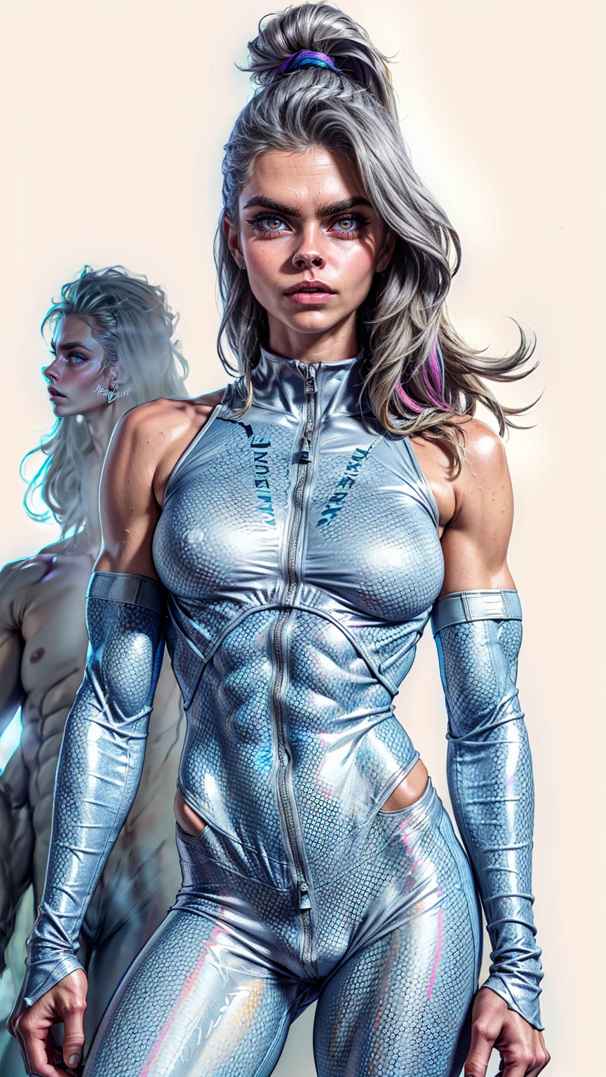 (1 girl), (cara delevingne), Drawing of female fitness model, toned body, feminine, huge upper body, torso shot, wide shoulders, veins, beautiful face, full lips, slim face, high cheekbones,(best quality, highres, ultra-detailed, realistic), muscular arms, defined abs, confident expression, silver gray light bodysuit, intense gaze, vibrant colors, dynamic lighting, mixed media artwork, blank background