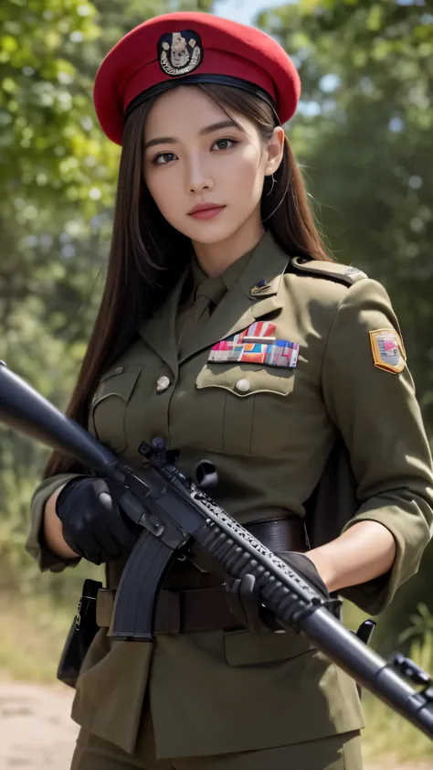 (Best Quality, 8k, Masterpiece:1.3)), Focus:1.2, Perfect Body Beauty:1.4, ((Delicate Hair)), (Military Uniform:1.1), (Red Beret ...