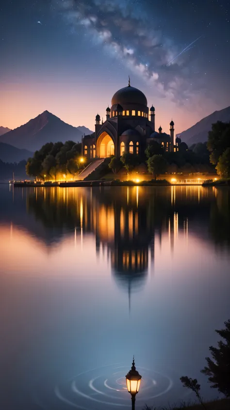 mosque on an island in the middle of a clear lake, in the middle of the night, trees on the edge of the lake and around the mosq...